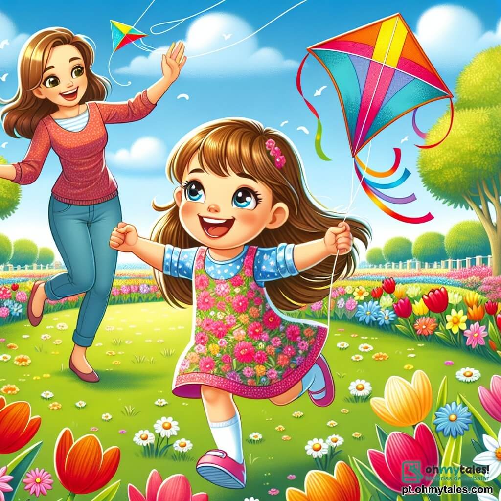 Uma menina de 4 anos, Sofia, com longos cabelos castanhos e olhos brilhantes de alegria, corre em um parque ensolarado, segurando uma pipa colorida nas mãos. Ela usa um vestido leve de flores e um grande sorriso no rosto, cheia de excitação. Ao seu lado, sua mãe, uma mulher na casa dos trinta anos, com cabelos castanhos e um sorriso acolhedor, a incentiva levantando os braços, pronta para ajudar Sofia a soltar a pipa. O parque está cheio de flores vibrantes, com tulipas vermelhas, narcisos amarelos e margaridas brancas, sob um céu azul claro com algumas nuvens fofas. Ao longe, vêem-se árvores verdes que balançam suavemente com a brisa da primavera. Sofia, cheia de energia, corre sobre a grama verde, pronta para fazer sua pipa voar no céu, enquanto sua mãe a observa com orgulho, criando uma cena alegre e cheia de vida que celebra a chegada da primavera.