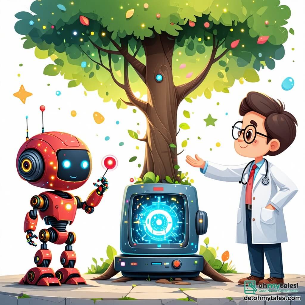 Reddy, ein kleiner freundlicher Roboter in leuchtenden Farben mit glitzernden Lichtern auf seinem Körper, zeigt Aufregung und Entschlossenheit, während er einen großen roten Knopf an einem magischen Baum drückt. Neben ihm steht Dr. Klok, ein menschlicher Wissenschaftler mit runden Brillen und einem weißen Kittel, der stolz und ermutigend schaut und aufmerksam die Funktionsweise des Geräts beobachtet. Der Hintergrund ist ein zentraler Platz in Glitzertown, umgeben von futuristischen Gebäuden mit glänzenden, bunten Fassaden, während Drohnen am Himmel schweben und Blumen sowie köstliche Speisen bringen. Die Szene zeigt den entscheidenden Moment, in dem Reddy den magischen Energiebaum aktiviert, funkelnde Farben in die Luft entlässt, während die Bewohner der Stadt, begeistert, sich um sie versammeln, um diese unglaubliche Erfindung zu feiern.