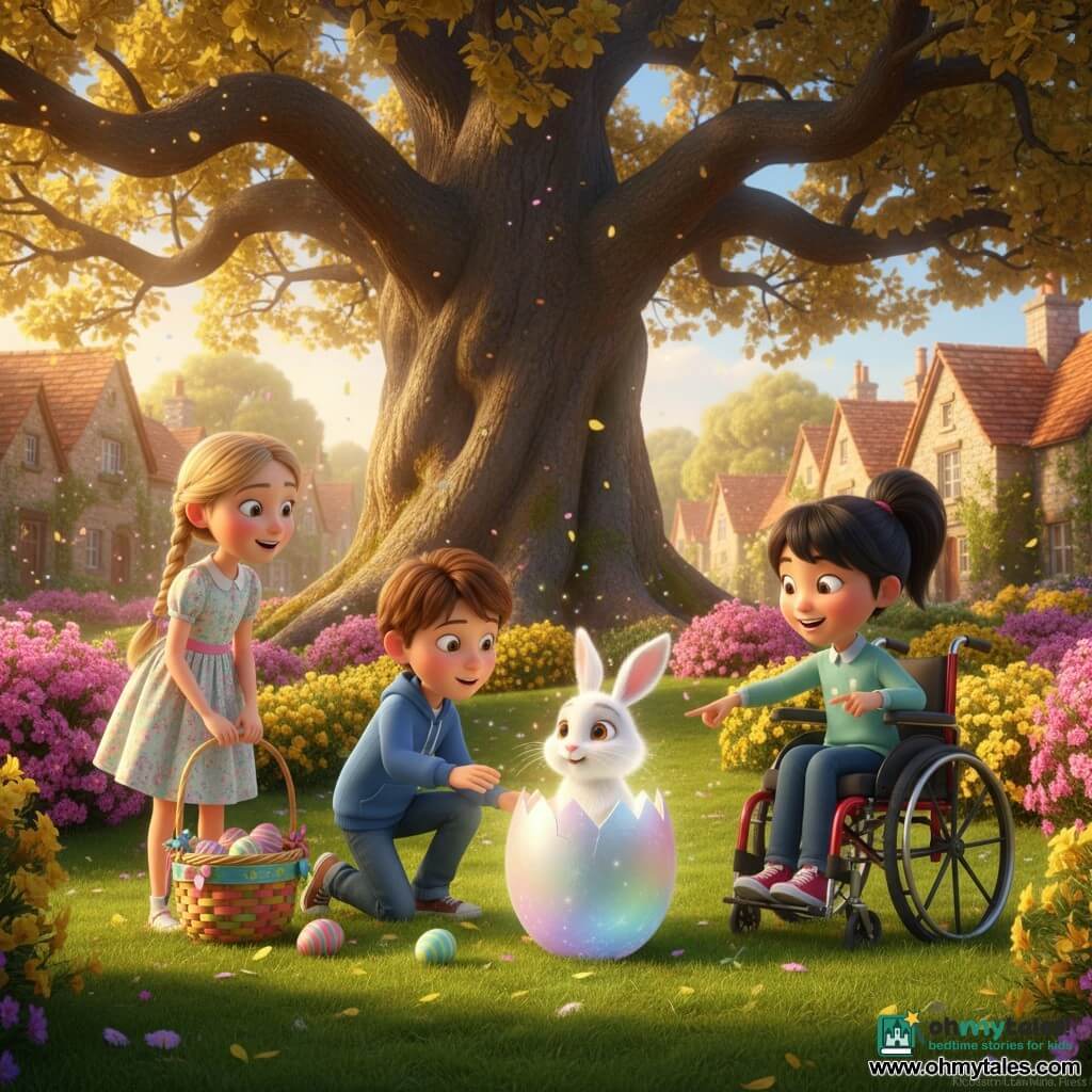 Three children under an ancient oak in a spring village garden: Lily (about 8, blonde braids, pastel floral dress) stands left with a colorful woven basket, Max (about 9, short brown hair, blue sweatshirt, jeans) crouches center reaching toward a glowing, rainbow-splashed Easter egg on the grass, and Emma (about 8, black pigtails, red modern wheelchair) is right, smiling and pointing at the egg found under a bush; the egg is opening to reveal a small magical white bunny with hazel eyes and shining whiskers, morning golden light filters through leaves, bright green grass, pink and yellow flowering bushes, scattered colored eggs and floating petals complete the vivid, centered scene.