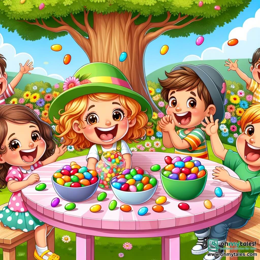A 5-year-old girl named Lily, with big bright eyes and curly brown hair, smiles enthusiastically while holding a bag filled with colorful jelly beans. She wears a pink dress with white polka dots and yellow sandals. Next to her is a 6-year-old boy named Ben, with messy red hair and a green t-shirt, laughing as he throws jelly beans in the air, his cheeks full of joy. Another boy, Sam, aged 5, wears an oversized blue hat and makes funny faces, while Mia, a 5-year-old girl with cute pigtails, claps with a big smile. The scene takes place in a sunny park filled with colorful flowers and a majestic oak tree, where children play and laugh around a large table decorated with jelly beans of all colors. In the background, balloons float in the blue sky, adding a festive touch to the joyful atmosphere. The main situation shows Lily and her friends celebrating the success of their quest to find the missing jelly beans, surrounded by laughter and happiness, as they prepare to enjoy the treats and participate in a jelly bean race.