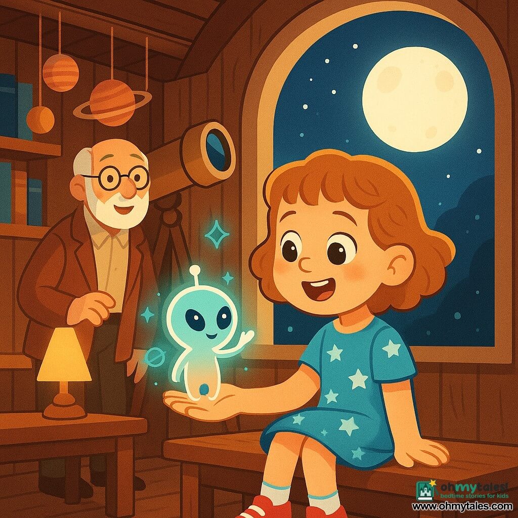 A joyful 6-year-old girl with short curly light-brown hair and big bright eyes, wearing a light-blue starry dress and red sneakers, sits on a wooden bench in a warm, wooden observatory and reaches out, smiling, to a tiny toy-sized pastel alien (turquoise and peach) with a round body, friendly big black eyes and a faint glow standing on her palm and waving; an elderly male astronomer of about 70 with a short white beard and round glasses in a brown jacket watches kindly from near a telescope, while a large rounded window shows a bright moon, shelves hold books and hanging planet models, soft warm lamp light and floating holograms of stars and planets create a magical, vivid, high-contrast scene with clear lines and simple shapes suitable for a children’s book.