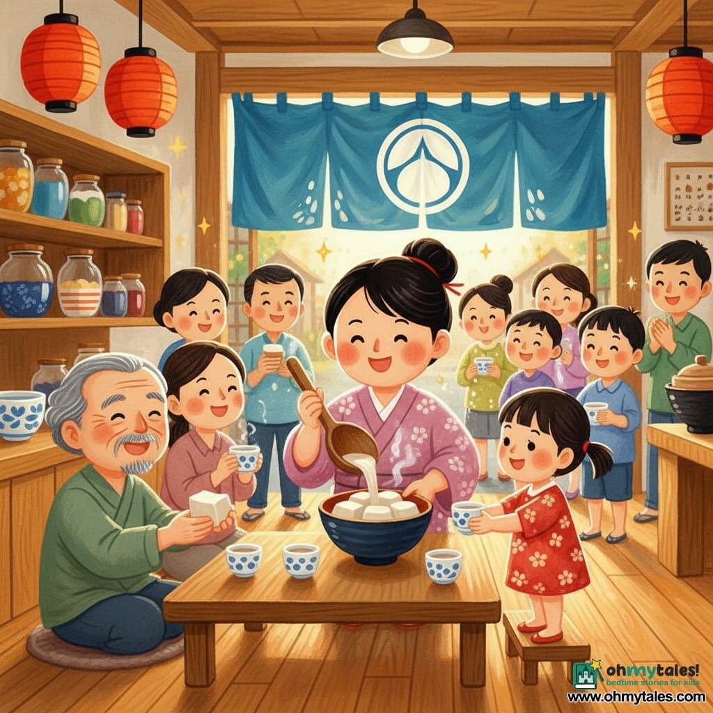 The main woman, Hiroko, with a round gentle face and black hair in a simple bun, smiles warmly as she uses a large wooden spoon to pour steamed tofu into small white bowls; a 6–8-year-old girl, Aiko, with pigtails in a red floral dress, watches in wonder and offers a bowl to another child standing on a small step to her right; an elderly grandfather with gray hair and a short beard sits at a low wooden table to Hiroko’s left, sharing tofu with a neighbor, while smiling villagers in the background pass bowls, laugh, and chat in a small warm-toned Japanese wooden shop with varnished floors, jars on shelves, red paper lanterns, a blue noren at the entrance and golden sunlight filtering through the open door, the scene conveying a calm, joyful moment of shared food after the rain with steam rising from the bowls and a convivial, luminous atmosphere.