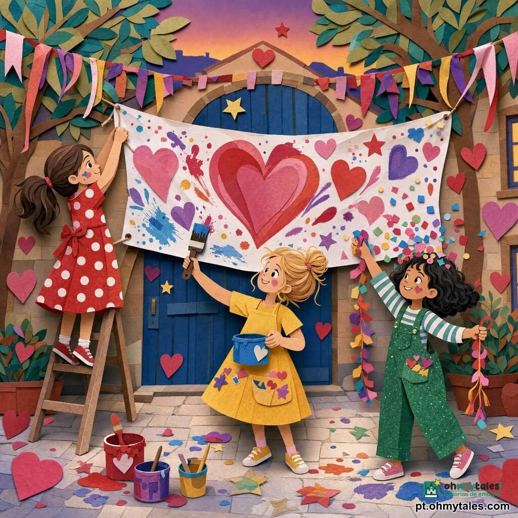 Três meninas de 6 anos: Maria, cabelos castanhos em duas tranças, com manchas de tinta nas bochechas, veste um vestido vermelho de bolinhas e está à esquerda numa pequena escada pendurando o canto da grande faixa; Ana, cabelo loiro preso num coque solto, veste um vestido amarelo com bolso cheio de adesivos, está ao centro no chão segurando um pote de tinta azul e um pincel largo, sorrindo para a faixa; Lili, cabelos pretos curtos e encaracolados, usa um macacão verde com glitter, está à direita segurando uma corda de enfeites e lançando confete; cena numa escola ao crepúsculo, chão de paralelepípedos claros, muros decorados com corações de papel, árvores estilizadas, fitas penduradas, porta azul ao fundo e luzes quentes em guirlanda no alto; as meninas penduram uma grande faixa pintada à mão com os dizeres "todos bem-vindos", com respingos de tinta, confetes e estrelas de papel voando, atmosfera festiva e solene.