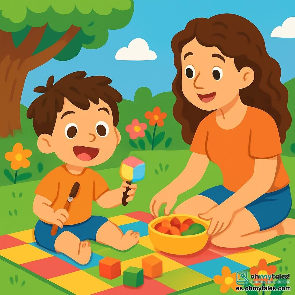 Un niño de 4 años, llamado Mateo, con cabello castaño desordenado y ojos brillantes de alegría, está sentado en una manta de picnic de colores. Sonríe ampliamente, con las mejillas sonrojadas por la emoción, sosteniendo un pincel en una mano y un cubo de hielo colorido en la otra. A su lado, su mamá, una mujer de unos 30 años con cabello largo y rizado, lleva una camiseta ligera y un short, sonríe mientras mira a su hijo y prepara frutas frescas en la manta. El lugar es un jardín soleado, lleno de flores brillantes, con un gran árbol que da sombra al rincón del picnic. El cielo es de un azul profundo con algunas nubes blancas. La escena principal muestra a Mateo jugando con cubos de hielo coloridos, deslizándolos sobre la manta, mientras su mamá lo anima y le habla de sus aventuras de verano.