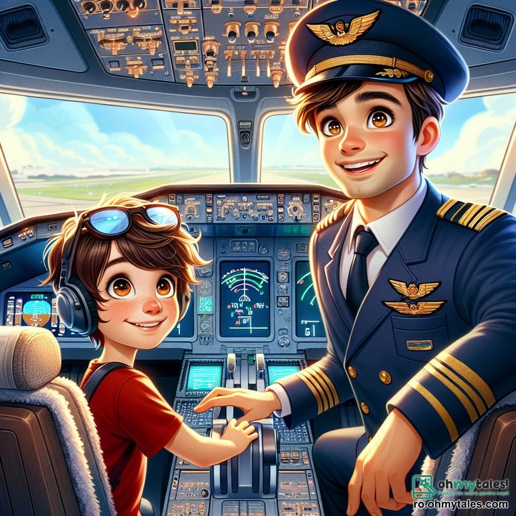 Un bărbat, pilotul Andrei, stă în interiorul unui cockpit de avion, zâmbind cu ochii strălucind de excitație. Poartă o uniformă de pilot bleu marin cu epauleți aurii, o pălărie de pilot pe cap și ochelari de soare pe frunte. Părul său este castaniu și ușor ondulat, iar el verifică instrumentele de bord cu o mână pe volan. Lângă el, un băiat de 10 ani, Alex, cu părul castaniu și ochii strălucind de curiozitate, privește cu uimire pe fereastra cockpitului. Poartă un tricou roșu și un rucsac mic. Alex este așezat pe scaunul pasagerului, cu mâinile pe cotiere, captivat de peisaj. Locul se desfășoară într-un cockpit de avion modern, cu panouri de control luminoase, ecrane care afișează date de zbor și o mare fereastră panoramică care dă spre un cer albastru presărat cu nori albi. Se poate vedea pista aeroportului dedesubt, cu avioane la sol și vehicule de serviciu. Situația principală arată cum Andrei și Alex sunt pregătiți să decoleze, avionul ridicându-se ușor în aer, în timp ce Andrei îi explică lui Alex minunile zborului, creând o atmosferă de aventură și vis.