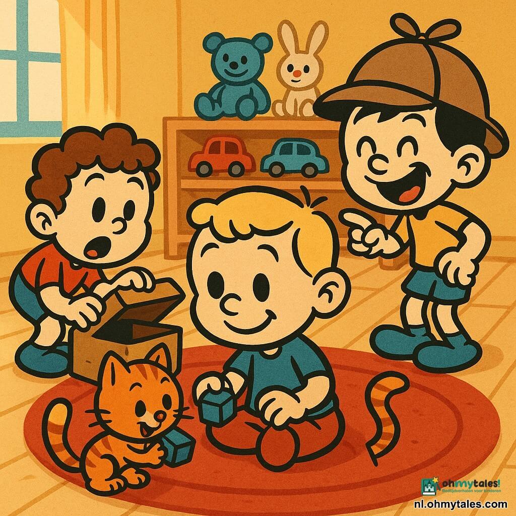 Vier personages: Daan — jongen 3-4 jaar, kort blond haar, zit in het midden met een klein blauw blok in zijn rechterhand, rond gezicht, grote ogen, glimlacht naar de poes; Sam — jongen 3-4 jaar, bruin krullend haar, gehurkt links, tilt het deksel van een kartonnen doos op, mond open van verbazing; Finn — jongen 3-4 jaar, steil zwart haar, staat rechts, wijst en lacht, draagt een te grote detectivehoed; de poes — vrouwelijke kleine roodgestreepte kat vooraan bij de kinderen, houdt het blauwe blok tussen haar pootjes, ondeugende blik. Binnen: helder speelwoonkamerinterieur met lichte houten vloer, rood rond tapijt, lage planken met autootjes en knuffels, vage keukentafel achteraan, warme ochtendlicht van links. Situatie: de drie kleine detectives hebben dankzij de poes het blauwe blok teruggevonden; vrolijke, dynamische scène met overdreven gebaren, brede glimlachen, felle kleuren (blauw, rood, geel), eenvoudige texturen en dikke zwarte contouren, tedere speelse sfeer.