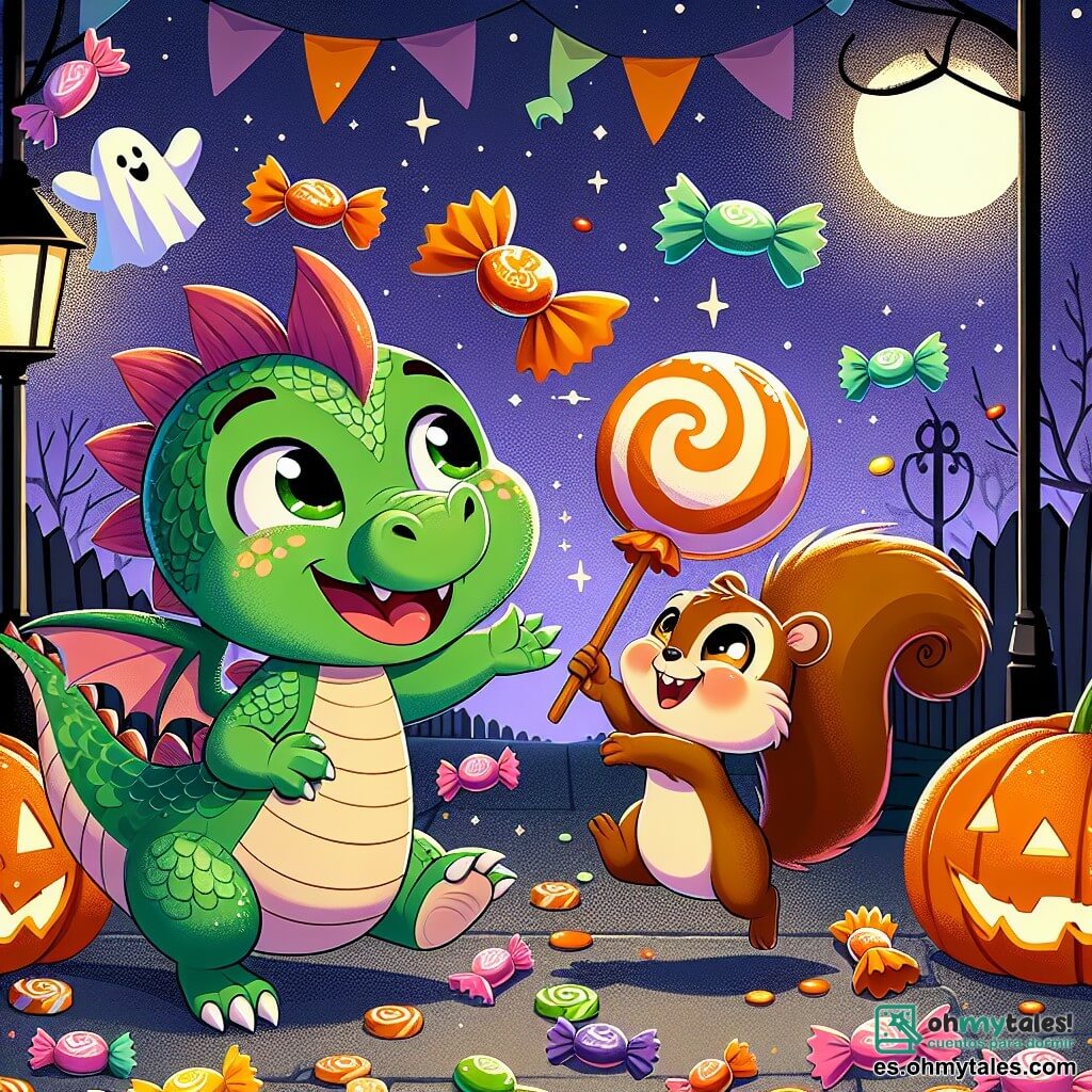 Dimi, un pequeño dragón verde con escamas brillantes y grandes ojos redondos, sonríe alegremente mientras lanza caramelos de colores al aire. A su lado, Lila, una pequeña ardilla marrón con una cola esponjosa y ojos chispeantes, salta de alegría al atrapar un caramelo gigante. Están en una calle decorada para Halloween, donde linternas en forma de calabazas iluminan el camino y fantasmas de papel flotan suavemente en el viento. La escena muestra a Dimi y Lila recolectando caramelos, rodeados de risas y magia, con estrellas brillantes en el cielo nocturno.