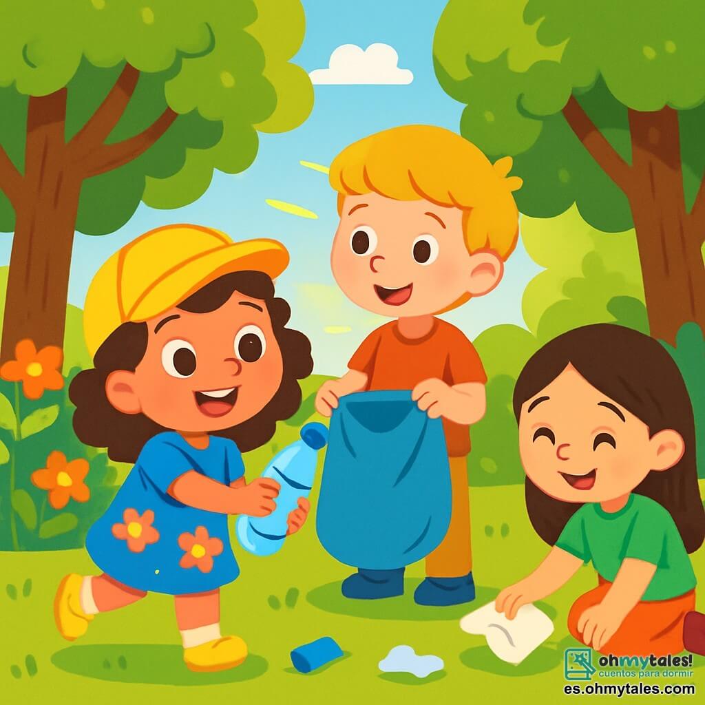 Una niña de 4 años, llamada Sofía, con cabello castaño y rizado, lleva una gorra amarilla y un vestido azul con flores. Sonríe alegremente mientras recoge una botella de plástico en el parque. A su lado, su amigo Leo, un niño de 5 años con cabello rubio y una camiseta roja, sostiene una bolsa grande de plástico y mira a Sofía con admiración. Un poco más lejos, Ana, una niña de 4 años con cabello largo y liso, vestida con una camiseta verde, se agacha para recoger un papel, sonriendo con orgullo. El parque es verde, lleno de árboles majestuosos y flores coloridas. La escena muestra a Sofía y sus amigos limpiando el parque, llenando alegremente sus bolsas de basura, riendo y animándose mutuamente, creando una atmósfera de camaradería y respeto por la naturaleza.