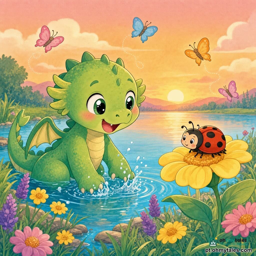 Um pequeno dragão verde, redondo e fofo, com expressão alegre e maravilhada, escamas suaves e olhos grandes e brilhantes, molha as patas num lago azul‑claro fazendo pequenas salpicaduras; uma pequena joaninha vermelha com pintas pretas e sorriso sereno, asas dobradas, pousada numa grande flor amarela ao lado do dragão, convidando a brincar; várias borboletas coloridas (rosa, azul, laranja) voam ao redor na altura da cabeça; lago calmo com reflexos azul‑turquesa, margens de relva verde‑viva, flores amarelas e roxas e céu de pôr do sol em laranja suave e rosa pálido; cena de brincadeira e ternura à beira do lago ao pôr do sol, ambiente acolhedor, formas arredondadas e cores em tons pastéis, composição centrada no dragão e na joaninha.