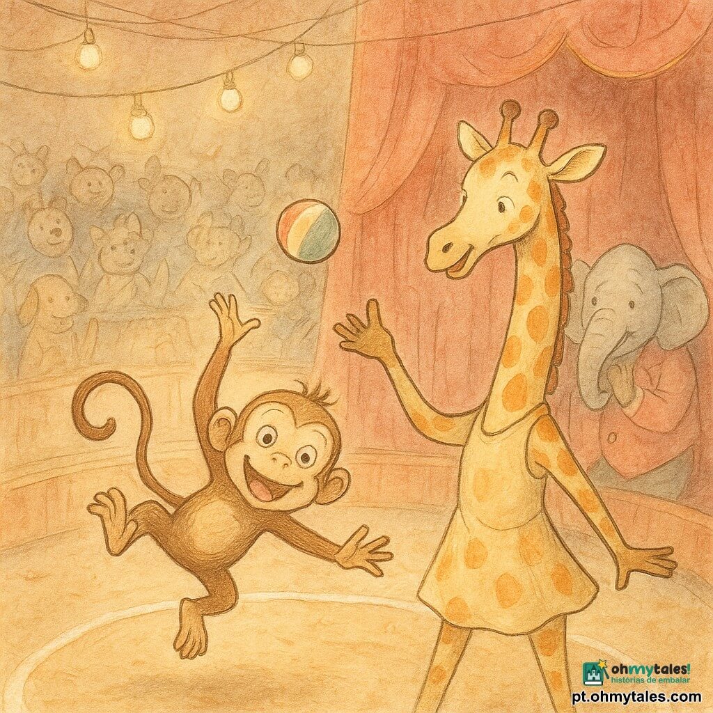 Um pequeno macaco acrobata (Chico), rosto redondo, olhos grandes e sorriso largo, pardo claro, surpreendido e feliz, deslizando do trapézio e caindo de braços abertos e pernas para o alto enquanto ri; uma grande girafa malabarista (Bella), pescoço longo e manchas laranja sobre bege, maliciosa e concentrada, inclinada para Chico lançando uma bola colorida; um elefante diretor (Dom Rufino), corpulento e majestoso, tromba erguida e olhar afável, aplaudindo junto ao pano de fundo vermelho; o picadeiro é um círculo de madeira com marcações brancas, cortinas vermelhas e douradas e arquibancadas cheias de animais; cena de circo viva e cômica — Chico cai no espetáculo, Bella mantém o equilíbrio e a plateia ri.