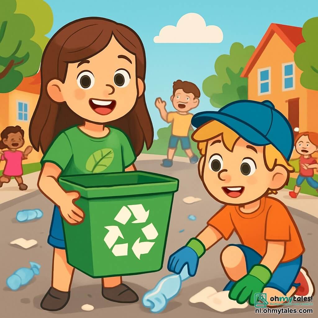 Een 8-jarig meisje, Anna, met lange kastanjebruine haren en sprankelende nieuwsgierige ogen, glimlacht blij terwijl ze een grote recyclebak vasthoudt. Ze draagt een groene t-shirt met een bladtekening en een spijkerbroekshort. Naast haar helpt haar vriend Max, een 8-jarig jongetje met rommelig blond haar en een blauwe pet, haar afval op te rapen met kleurrijke handschoenen. Ze bevinden zich op een drukke straat, omringd door groene bomen en kleurrijke huizen, waar de grond bezaaid is met afval. De scène toont Anna en Max die plastic flessen en papier oprapen, omringd door het gelach van andere kinderen die zich bij hen voegen om hun buurt schoon te maken, wat een vrolijke en samenwerkende sfeer creëert.