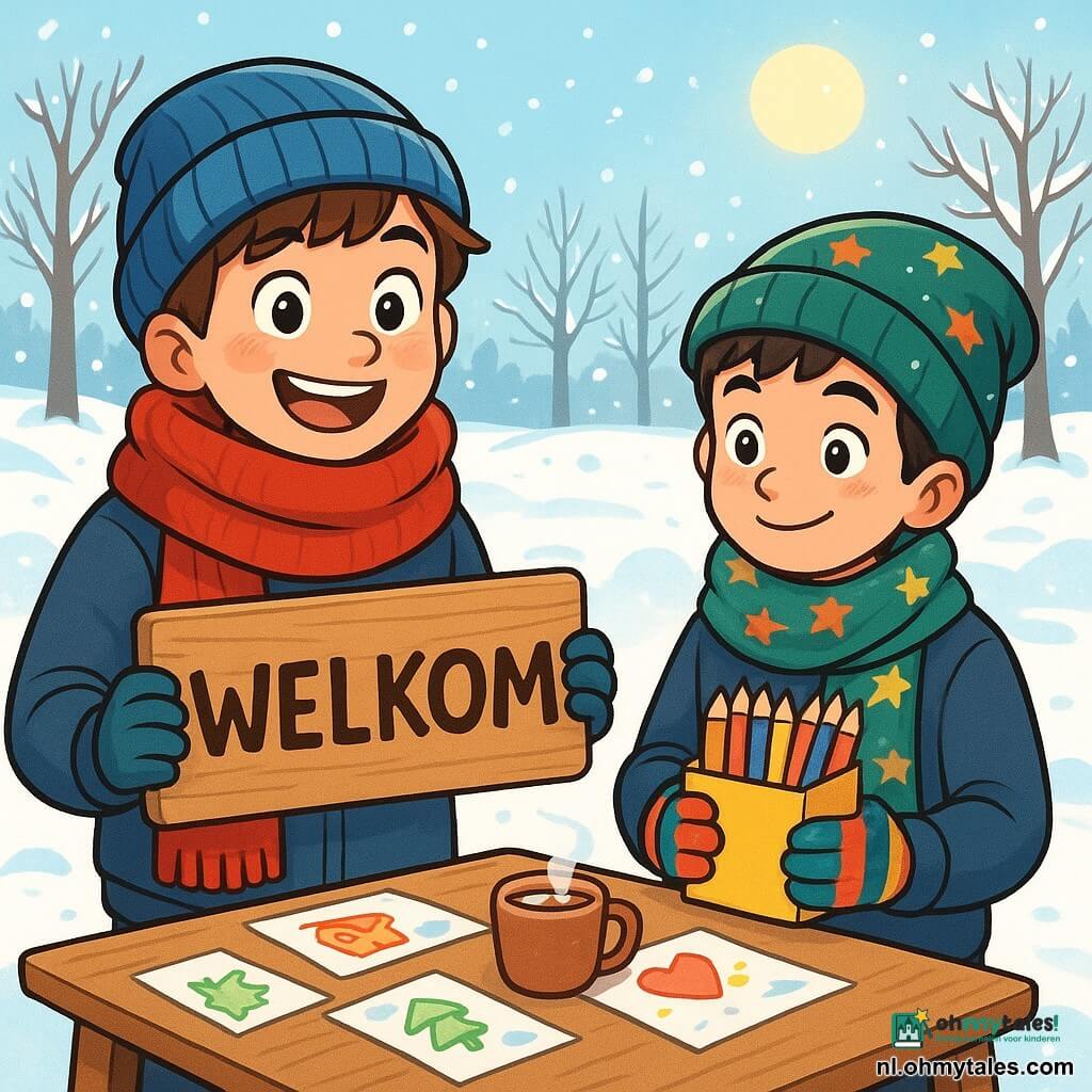 Een 10-jarige jongen, Jonas, met kastanjebruin haar en door de kou roze wangen, glimlacht vrolijk terwijl hij een klein houten bordje met de tekst "welkom" vasthoudt. Hij draagt een grote rode sjaal en een blauwe wollen muts, en zijn ogen stralen van opwinding. Naast hem staat Sami, een 9-jarige jongen met een sterrensjaal en kleurrijke handschoenen, die met een samenzweerderige glimlach kijkt en een doos kleurpotloden vasthoudt. De locatie is een winterpark, waar de sneeuw de grond bedekt als een zacht wit tapijt, en kale bomen op de achtergrond staan, hun takken glinsterend onder een lichte zonnestraal. In het midden van de scène staat een houten tafel versierd met kleurrijke tekeningen en kopjes warme chocolademelk, wat een warme en uitnodigende sfeer creëert. De hoofdscène toont Jonas en Sami die een verwelkomt tafel voorbereiden voor hun vrienden, gevuld met kleine attenties om de harten te verwarmen op deze koude winterdag.