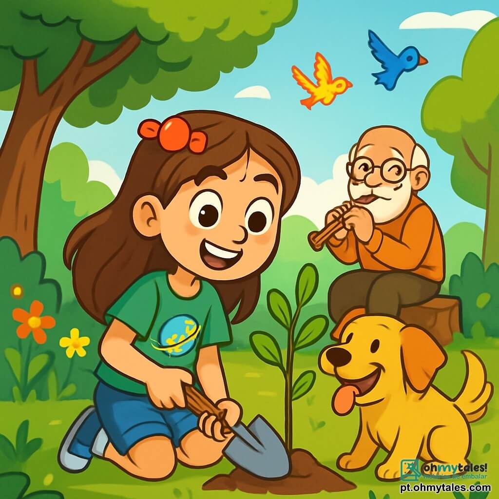 Uma menina de 12 anos, Clara, com longos cabelos castanhos e olhos brilhantes de curiosidade, sorri entusiasticamente segurando uma pequena pá nas mãos. Ela veste uma camiseta verde com um desenho de planeta e um doce na cabeça. Ao seu lado, seu cachorro Max, um golden retriever alegre, abana o rabo, pronto para acompanhá-la na aventura. Ao fundo, Pedro, um homem idoso com barba branca e óculos redondos, observa com um sorriso gentil. Ele está sentado em um tronco de árvore, tocando flauta, cercado por flores coloridas e árvores majestosas. A cena acontece em uma reserva natural verdejante, onde raios de sol filtram pelas folhas, iluminando o chão coberto de flores silvestres. Pássaros coloridos voam no céu azul, acrescentando vida a essa paisagem encantadora. Clara e Max estão plantando uma jovem árvore, simbolizando seu compromisso com a proteção do meio ambiente. A expressão de Clara revela sua determinação e alegria, enquanto Max parece animado com a atividade, pronto para cavar com ela.