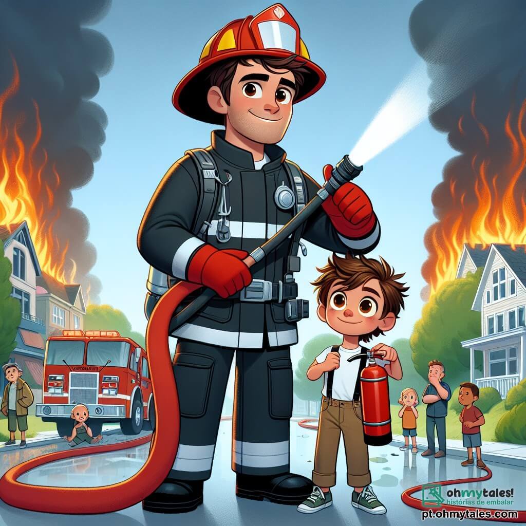 Um bombeiro, Miguel, está no centro da imagem, com um largo sorriso no rosto, demonstrando sua determinação e bondade. Ele veste um uniforme vermelho brilhante, com um capacete reluzente e luvas, segurando uma grande mangueira de incêndio, pronto para apagar o fogo. Ao seu lado está Lucas, um garoto de 11 anos, com cabelos castanhos bagunçados e olhos brilhantes de empolgação, observando Miguel com admiração enquanto segura um pequeno extintor. Ao fundo, vê-se uma casa em chamas, com chamas laranjas e nuvens de fumaça cinza subindo no céu azul. O local é uma rua movimentada da cidade, com vizinhos preocupados observando a cena, e árvores verdes de cada lado, criando um contraste com a urgência da situação. A cena ilustra o momento em que Miguel e Lucas se preparam para combater o fogo, simbolizando coragem e espírito de equipe.