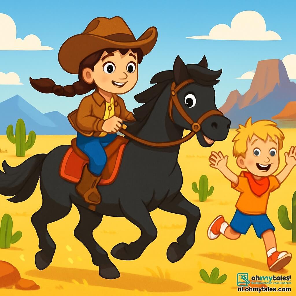 Een cowgirl genaamd Rosalie, ongeveer 10 jaar oud, met lange, gevlochten bruine haren, draagt een cowboyhoed en een leren jas. Ze heeft een vastberaden glimlach en sprankelende ogen van opwinding. Ze zit op haar paard, Bliksem, een prachtig zwart paard met glanzende manen, dat door de uitgestrekte prairie galoppeert. Naast haar rent een jongen van 9 jaar, genaamd Lucas, met rommelige blonde haren en een rode bandana om zijn nek, met zijn armen omhoog in een aanmoedigend gebaar. Het landschap is een uitgestrekte gouden prairie, bezaaid met groene cactussen en rode rotsen onder een stralende blauwe lucht. In de verte rijzen majestueuze bergen op, wat een opvallend contrast vormt met de zachtheid van het terrein. De hoofdscène toont Rosalie en Lucas op avontuur, op zoek naar de legendarische schat van de Gouden Cactus, met blije en opgewonden gezichten, klaar om de mysteries van de wilde natuur te ontdekken.