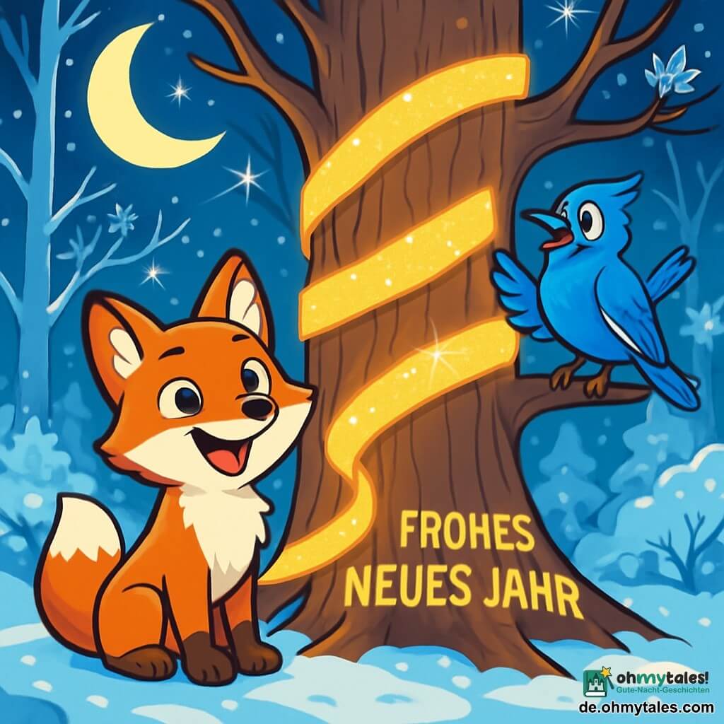 Ein kleiner roter Fuchs namens Finn mit glänzendem Fell und funkelnden Augen steht vor einer majestätischen Eiche, die mit einem wunderschönen goldenen Band geschmückt ist, das im Mondlicht schimmert. Finn lächelt breit, seine Ohren sind aufgeregt aufgestellt, während er sein Werk bewundert. Neben ihm sitzt ein eloquenter Eichelhäher namens Jasper mit leuchtend blauen Federn auf einem niedrigen Ast und schaut Finn bewundernd und stolz an. Seine Augen leuchten vor Begeisterung, während er die Arbeit seines Freundes applaudiert. Der Ort ist ein verzauberter Wald, in dem der Schnee den Boden wie einen sanften Teppich bedeckt und die Sterne in einem klaren Nachthimmel funkeln. Die Äste der Bäume sind mit Eiskristallen geschmückt, was eine magische und märchenhafte Atmosphäre schafft. Die Hauptsituation zeigt Finn und Jasper, die Silvester feiern, umgeben von anderen Tieren, die das beleuchtete goldene Band bewundern und einen Moment der Freude und Kameradschaft unter dem Sternenhimmel schaffen.