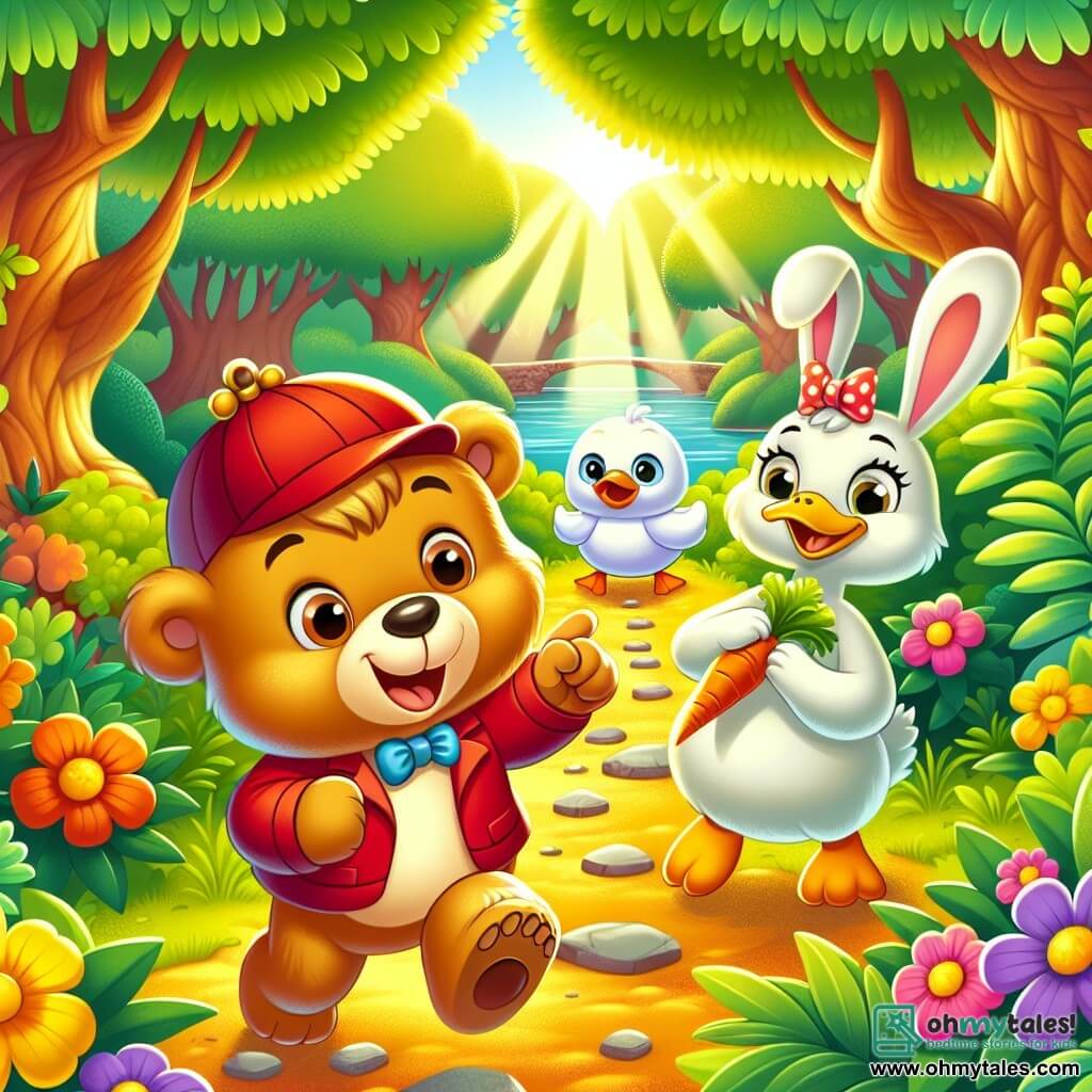 Benny Bear, a small brown bear wearing a red detective hat, looks curious and excited as he stands on his hind legs pointing to a secret path behind green bushes. Next to him, Daisy Duck, a white duck with a pretty pink bow, shows her enthusiasm with bright eyes, bouncing in place. Ricky Rabbit, a small rabbit with big ears and gray fur, looks around with an intrigued expression while nibbling on a carrot. The scene takes place in a sunny forest with trees boasting vibrant green leaves and colorful flowers scattered on the ground. Sunbeams break through the branches, illuminating the mysterious path. Benny and his friends are eager to explore this hidden trail, excited to discover the golden treasure awaiting them.