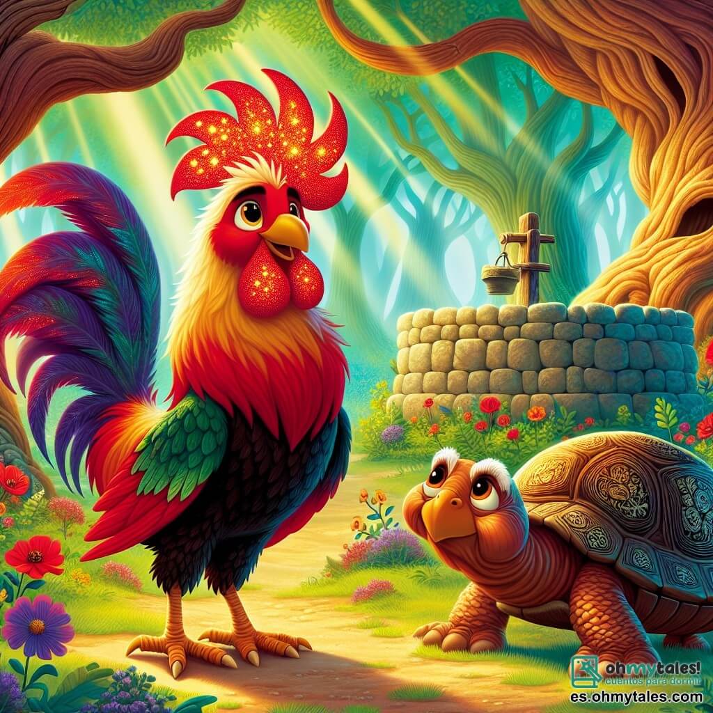 Un gallo de plumas ardientes, brillantes como llamas, se encuentra en el centro de la escena, con una mirada decidida y algo inquieta. Sus ojos brillan con un destello de aventura mientras se prepara para entrar en el misterioso Bosque de los Susurros. A su derecha, una vieja tortuga de caparazón arrugado y sabio, con ojos suaves y un caparazón decorado con motivos naturales, lo anima con un gesto tranquilizador. Ella se encuentra cerca de un viejo pozo de piedra, rodeado de flores silvestres coloridas. El lugar es un bosque encantado, con árboles de troncos nudosos, hojas de un verde brillante y rayos de sol filtrándose entre las ramas, creando una atmósfera mágica. Plumas de Fuego, el gallo valiente, está listo para elegir su camino entre los tres senderos misteriosos que se le presentan, cada uno prometiendo una aventura diferente.