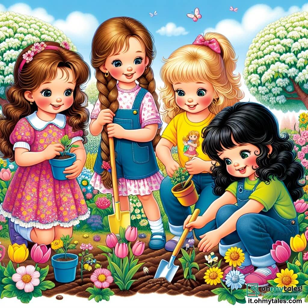 Quattro ragazze di nove anni, sorridenti e felici, sono riunite in un giardino vibrante di colori primaverili. Marta, con lunghi capelli castani e trecce, indossa un vestito rosa a fiori e tiene una piccola pala di plastica, pronta a piantare semi. Sofia, con capelli biondi e ricci, è vestita con una maglietta gialla e osserva attentamente un piccolo vaso di fiori che tiene tra le mani. Elisa, con capelli castani legati in coda di cavallo, indossa un pantaloncino di jeans e una maglietta blu, ed è accovacciata, intenta a rastrellare la terra con un rastrello. Infine, Chiara, con capelli neri e una frangia, indossa una camicetta verde e usa un bastone per sostenersi, sorridendo alle altre. Il giardino è un vero e proprio quadro primaverile, pieno di fiori colorati come tulipani, margherite e girasoli, con alberi in fiore sullo sfondo. Il cielo è di un blu splendente, punteggiato da alcune nuvole bianche e soffici. Le ragazze si dedicano gioiosamente a piantare semi nel terreno fertile, ridendo e discutendo della bellezza della natura che le circonda, creando così un momento magico di amicizia e scoperta.