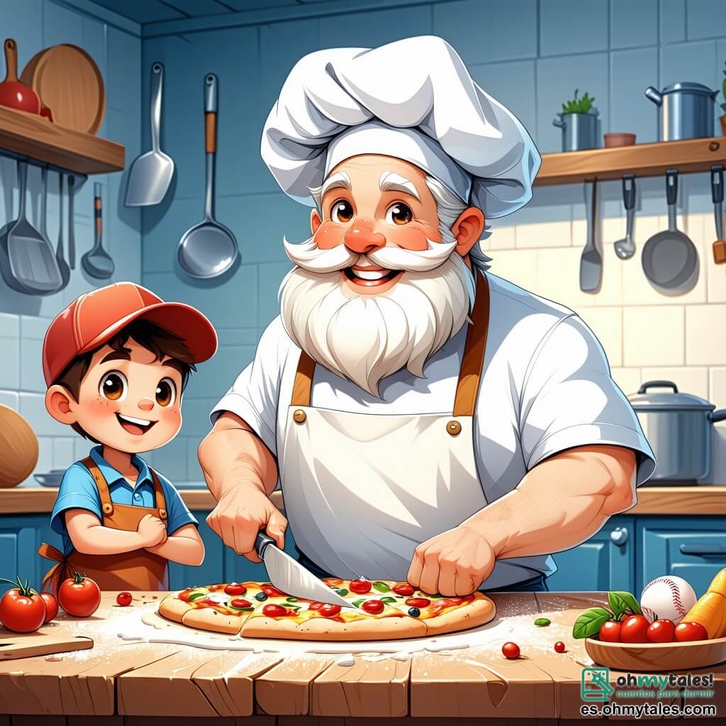 Un chef de cocina jovial, un hombre de unos 50 años con una gran barba blanca y ojos brillantes, está preparando una pizza en su cocina. Lleva un gorro blanco y un delantal colorido, y sonríe con entusiasmo mientras extiende la masa sobre una gran mesa de madera. A su lado, un niño de 10 años, Lucas, con una gorra de béisbol al revés y una amplia sonrisa, observa atentamente y sostiene un rodillo, listo para ayudar. La cocina es cálida y acogedora, con paredes decoradas con recetas coloridas y estantes llenos de ingredientes frescos. La escena principal muestra al chef y a Lucas riendo y compartiendo consejos mientras preparan juntos una deliciosa pizza, creando un momento de complicidad y alegría culinaria.