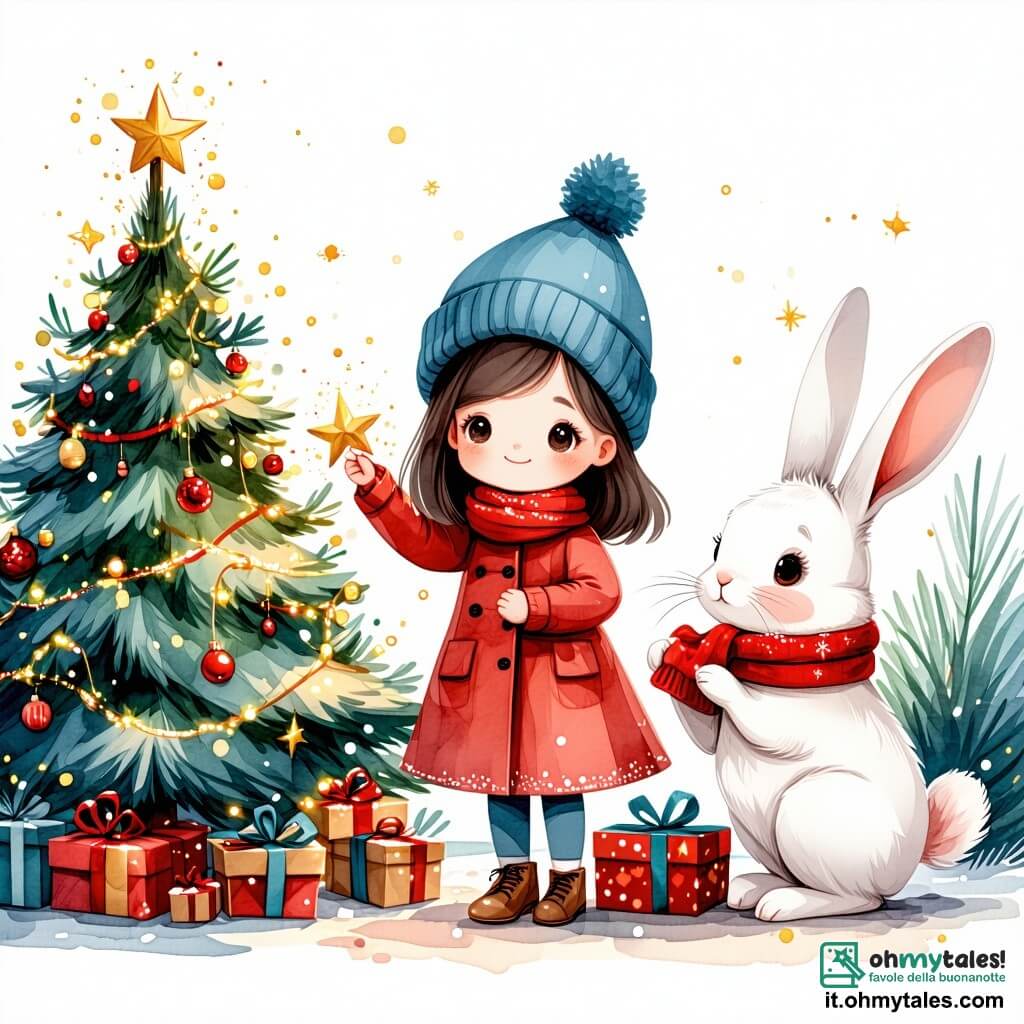 Una bambina di 3 anni, Clara, con grandi occhi brillanti e guance rosate, sta decorando un magnifico albero di Natale. Indossa un bel cappotto rosso e un berretto blu, sorridendo meravigliata mentre tiene una stella dorata tra le mani. Accanto a lei, un coniglietto bianco di nome Bianchino, con un cappello rosso in testa, salta gioiosamente tenendo una ghirlanda di foglie verdi. Il luogo è una foresta incantata, coperta di neve scintillante, con alberi maestosi adornati di luci colorate e decorazioni festive. Fiocchi di neve scendono dolcemente dal cielo, aggiungendo un tocco magico alla scena. Clara e Bianchino stanno preparando la festa di Natale, circondati da animali felici che decorano l'albero e preparano regali, creando un'atmosfera festosa e calorosa.