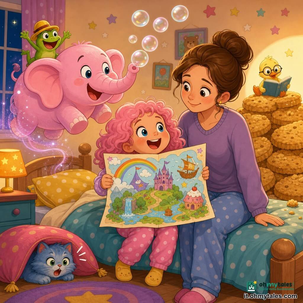 Una bambina di 4 anni, viso rotondo, capelli ricci rosa pallido, occhi grandi e gioiosi, tiene stretta al petto una grande pagina colorata della sua "mappa dei sogni" con espressione estasiata; la madre (30–35 anni), capelli castani raccolti in uno chignon e sorriso dolce, è seduta sul bordo del letto a destra e guarda la mappa con tenerezza. Un elefante rosa fatto di bolle, corpo paffuto e proboscide che soffia bolle traslucide, fluttua sopra il letto a sinistra sorridendo; una piccola rana verde con cappello giallo è sulla schiena dell'elefante e salta allegramente. Un gattino blu dal pelo soffice si nasconde parzialmente sotto un cuscino ai piedi del letto e fa un "miao" buffo. Sullo sfondo destro una collina di biscotti dorati ammucchiati con briciole visibili, su cui è seduta una piccola lattina-anatra con occhiali che legge. La stanza è calda e colorata: coperta a pois, pareti crema con stelle disegnate e una lucina a forma di luna che illumina dolcemente; la scena mostra la bambina che mostra orgogliosa la sua mappa dei sogni mentre le creature immaginarie prendono vita e fluttuano creando un'atmosfera giocosa e rassicurante per addormentarsi.