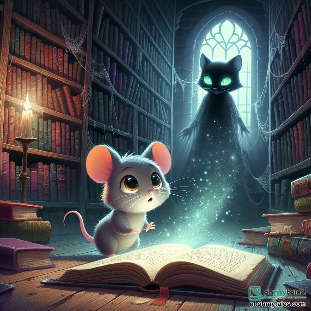 Max, een kleine muis met een zachte grijze vacht en grote sprankelende ogen, staat in het midden van een donkere en mysterieuze bibliotheek, zijn gezicht toont zowel nieuwsgierigheid als een lichte angst. Hij leunt naar voren en kijkt naar een groot oud boek dat voor hem openligt, waarvan de pagina's een magische gloed uitstralen. Naast hem zweeft de etherische schaduw van een zwarte kat met stralend groene ogen in de lucht, met een wijze en bemoedigende uitdrukking, alsof hij Max begeleidt in dit avontuur. De bibliotheek is gevuld met hoge stoffige houten planken vol boeken met kleurrijke omslagen, terwijl spinnenwebben in de donkere hoeken hangen. Een mysterieuze lichtstraal komt uit het open boek, verlicht de gezichten van de personages en creëert een zowel magische als angstaanjagende sfeer. De hoofd situatie toont Max, de muis, die het oude boek ontdekt dat lijkt te roepen, terwijl de kat hem aanmoedigt om zich onder te dompelen in de avontuurlijke wereld die hem wacht, wat het begin van zijn reis in de verboden bibliotheek symboliseert.