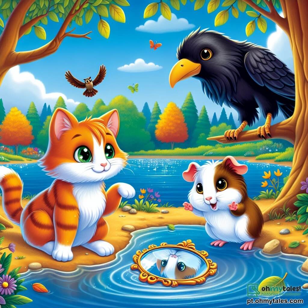 Um gato chamado Léo, com pelagem listrada laranja e olhos verdes brilhantes de curiosidade, está à beira de um lago cintilante, olhando com determinação para o espelho mágico que flutua na superfície da água. Ao seu lado, um pequeno porquinho-da-índia chamado Pip, com pelos brancos e marrons, salta de excitação, suas grandes orelhas em pé, enquanto aponta com o focinho para o espelho. Ao fundo, uma majestosa corvo negro, empoleirada em um galho, observa a cena com um ar sábio, suas penas brilhantes se destacando contra o céu azul. O lago é cercado por árvores com folhas douradas, e flores coloridas margeiam a costa, criando uma atmosfera encantada. Léo e Pip estão em uma busca para encontrar o espelho mágico, simbolizando a amizade e a aventura no coração da floresta.