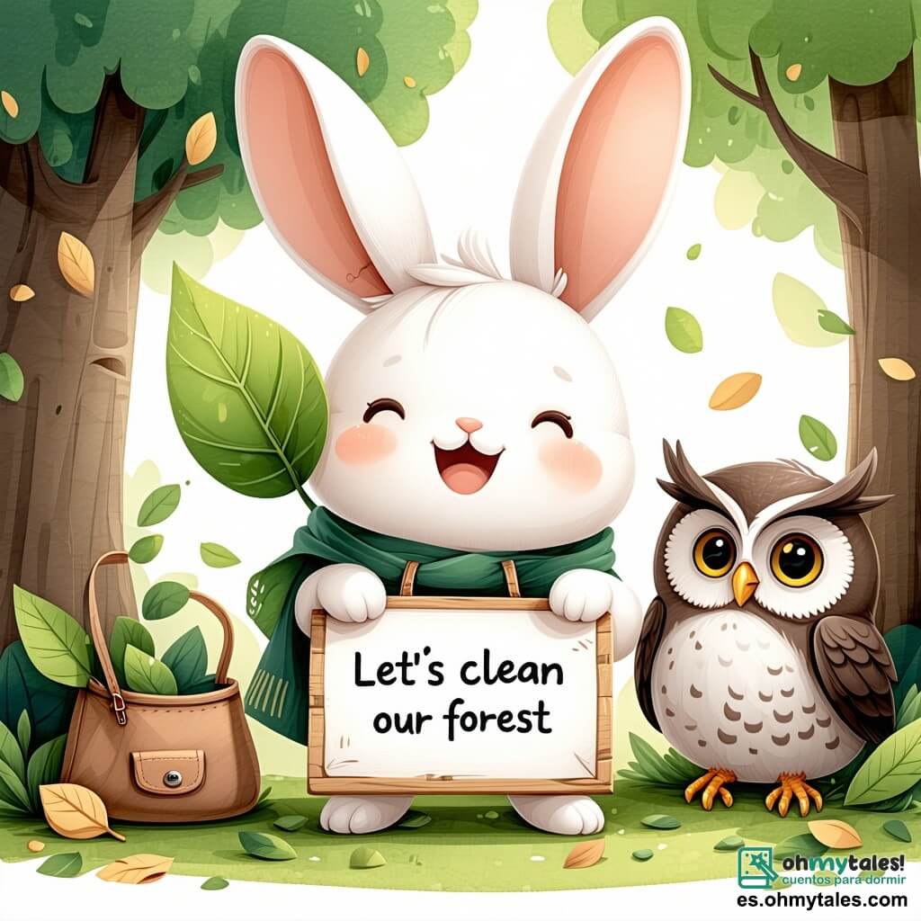 Un pequeño conejo blanco llamado Oliver, con grandes orejas y un pelaje suave, está en el centro de la imagen, mostrando una expresión alegre y decidida. Sostiene una gran hoja como un cartel con la inscripción "¡Cocinemos nuestro bosque!", mientras recoge basura con una pequeña bolsa de hojas. A su lado está Otto, un búho sabio con ojos redondos y brillantes, posado en una rama baja, mirando a Oliver con orgullo y aliento. Otto tiene un plumaje marrón y beige, y parece pensativo, como si estuviera reflexionando sobre la mejor manera de ayudar. El decorado es un hermoso bosque verde, lleno de árboles majestuosos, flores coloridas y un arroyo que serpentea por el paisaje. El sol brilla a través de las hojas, creando patrones de luz y sombra en el suelo. La escena representa a Oliver y sus amigos en plena acción, limpiando el bosque con entusiasmo, mientras animales de todas las especies se unen a ellos, mostrando el espíritu de comunidad y ayuda para salvar su entorno.