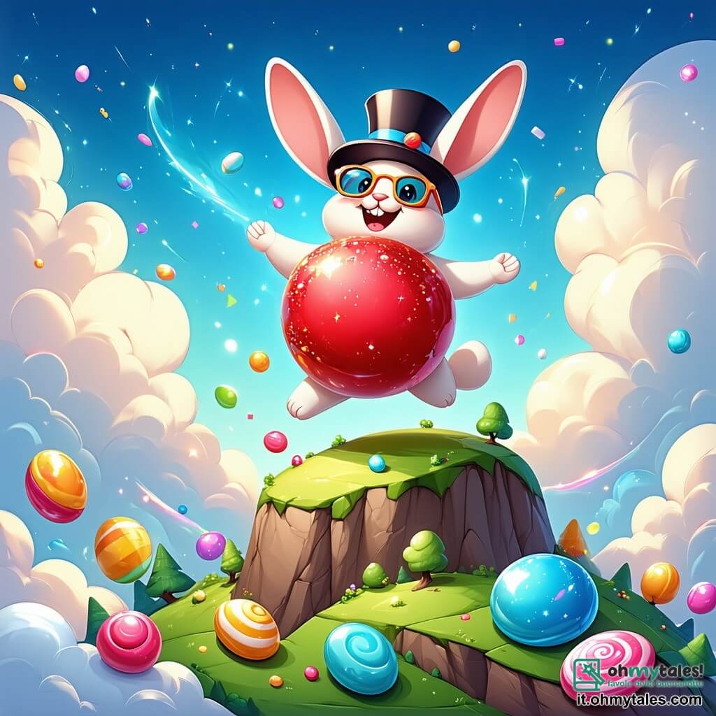 Pompì, una piccola palla rossa con grandi occhi scintillanti e un ampio sorriso, sta rimbalzando gioiosamente sulla Montagna dei Gelati, circondato da nuvole colorate a forma di caramelle. Esprime grande eccitazione, con le braccia aperte come se volesse afferrare il cielo. Accanto a lui, Carletto, un gigantesco coniglio magico con un cilindro e occhiali a specchio, salta di gioia, le sue lunghe orecchie che fluttuano nel vento, con un'espressione entusiasta. Le Frittelle Volanti, frittelle sorridenti, danzano intorno a loro, creando un'atmosfera festosa. Il paesaggio è una montagna di ghiaccio colorato, con cascate di gelato e alberi di zucchero filato, sotto un cielo blu vivace punteggiato di nuvole a forma di torta. La scena principale mostra Pompì e i suoi amici che celebrano la loro vittoria dopo aver recuperato la Carota d'Oro, circondati da fuochi d'artificio di zucchero filato che illuminano il cielo, mentre una grande festa si prepara attorno a loro.