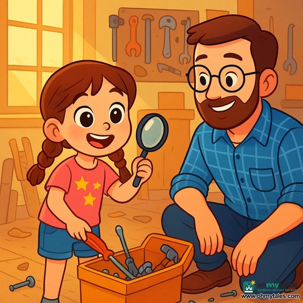 A 6-year-old girl with big bright eyes and braided brown hair stands in a messy workshop, an enthusiastic smile on her face. She wears a pink t-shirt with stars and denim shorts, holding a magnifying glass in her right hand, ready to solve a mystery. Next to her, her father, a man in his thirties with a well-groomed beard and round glasses, is crouched by a toolbox. He wears a blue checkered shirt and work pants, displaying a look of pride and admiration for his daughter. The workshop is filled with light, with tools hanging on the wall, pieces of wood scattered on the floor, and a large window letting in golden sunlight. A half-repaired old wooden chair is visible in the background, adding charm to the scene. The main situation shows the little girl discovering a shiny screwdriver in a toolbox, surrounded by scattered screws, while her father encourages her with a warm smile, creating an atmosphere of excitement and camaraderie.