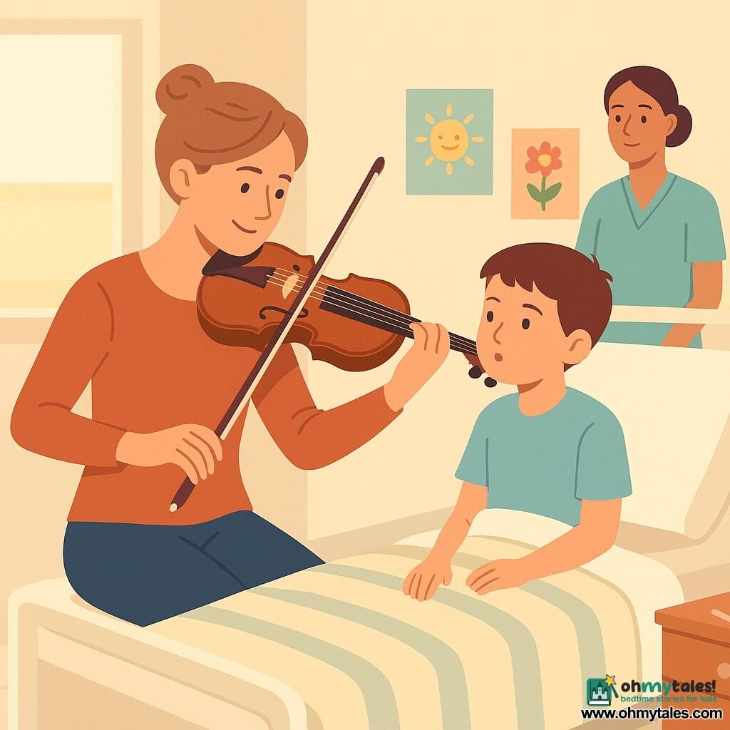 A 25–30-year-old female musician with light brown hair in a loose bun, soft focused expression and warm smile, holding a glossy wooden violin and bow, sitting on the edge of a hospital bed playing gently; a 7–8-year-old boy with short brown hair and curious eyes, seated or propped up under a pale striped blanket, imitating sounds with his mouth and watching her with a shy smile; a 35-year-old nurse in light blue scrubs with hair up stands near the door, kindly observing; the bright, simple hospital room has cream walls, a large square window casting a strip of golden light, a bedside table with a cup and notebook, colorful children's posters and a soft-tiled floor; the musician plays slow, clear notes to help the boy regain his voice in a gentle, reassuring scene with clean graphic lines, warm pastel colors, strong contrasts and rounded shapes for a childlike, calming look.