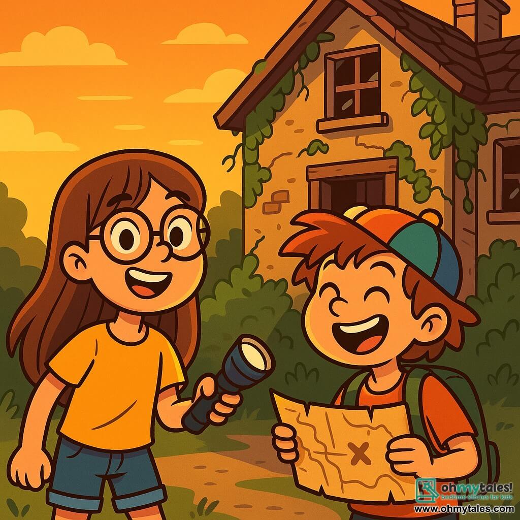 A 10-year-old girl named Lily, with long brown hair and round glasses, smiles with sparkling eyes of excitement. She wears a bright yellow t-shirt and denim shorts, holding a flashlight in one hand, ready to explore. Next to her is Max, a 10-year-old boy with messy hair and a colorful hat, laughing joyfully while holding an old paper map. They stand in front of an old abandoned house with crumbling walls covered in ivy, broken windows, and a creaky wooden door. The scene is bathed in golden sunset light, creating a mysterious and adventurous atmosphere. Lily and Max are about to enter the house, their faces lit up with the excitement of discovery, ready for an unforgettable adventure.