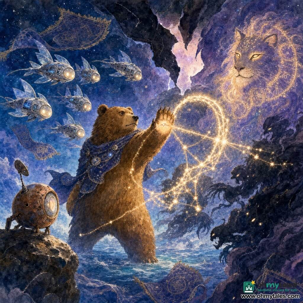 A large anthropomorphic brown bear with textured warm washes of fur, a determined yet softened expression, raises a paw in a "loop-push-launch" gesture—there is a small pale scar on its palm emitting a dawn-colored thread of light. A small group of thin metallic "not-fish" creatures, silver fishlike forms with glass fins and rune-engraved screens, hover protectively around the bear with synchronized, anxious lights. A rusted copper satellite with a single lens-face sits on a star-rock to the left, looking toward the bear with hesitant curiosity. A large smoky neon "cat-lion" with a mane of luminous symbols stands in the right background, proud but gentle, projecting glowing words into the air. The setting is an ocean of stars painted in deep indigo and violet washes, floating map-like carpets embroidered with silver threads and geometric patterns, and a torn curtain of dark sky at the back revealing a luminous rift. The main scene shows the bear and allies forming a luminous loop-with-bar-and-small-star constellation knot that pushes back a mass of black shadow around the rift—an atmosphere of combative hope with contrasts between cold shadow and warm threads of light.