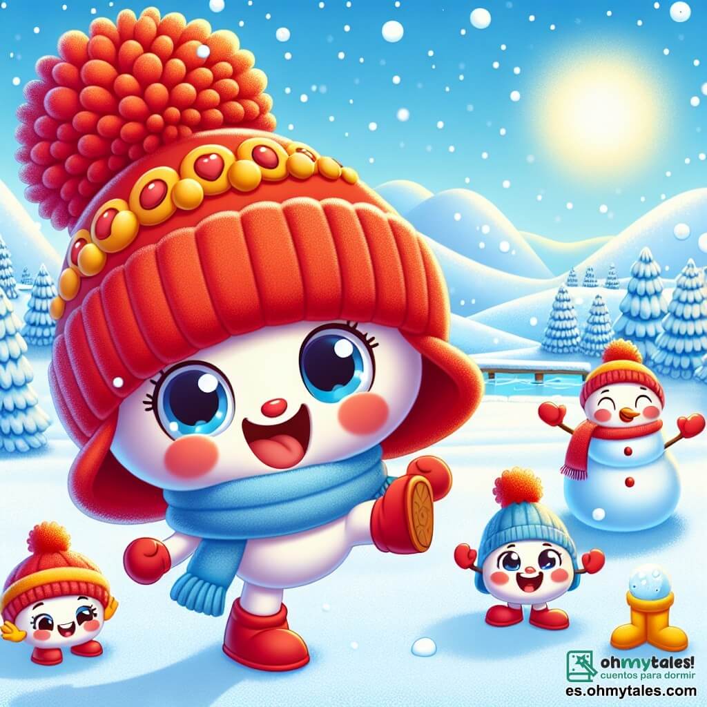 El personaje principal es un alegre gorro de lana rojo llamado Pipo, con pompones en la parte superior que parecen ojos risueños. Está bailando en la nieve, su rostro radiante de felicidad y emoción, mientras los copos de nieve caen a su alrededor. A su lado está Lila, una suave bufanda azul que se enrolla alrededor de su cuello, con ojos brillantes de alegría. Ella lo anima levantando los brazos, lista para divertirse en la nieve. Un poco más lejos, Tico y Tina, unos guantes amarillos, se divierten haciendo bolas de nieve, con sonrisas brillantes. El lugar es un paisaje invernal encantador, con árboles cubiertos de nieve brillante, un cielo azul claro y un suelo inmaculado de blanco. La situación principal muestra a Pipo y sus amigos en plena actividad, construyendo un gran muñeco de nieve, riendo y jugando juntos, mientras la magia del invierno los rodea.