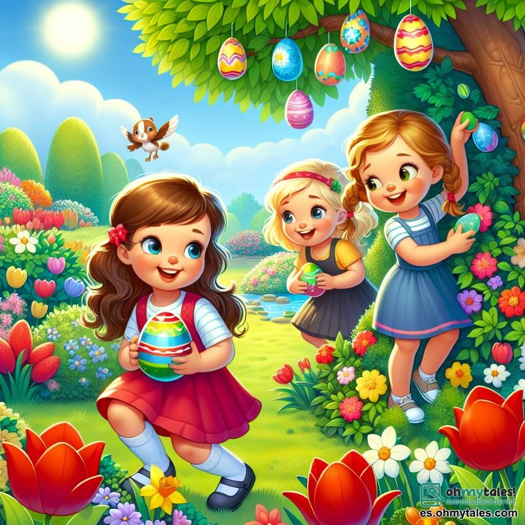En un jardín soleado, tres niñas alegres están en plena búsqueda de huevos de Pascua. Ana, una niña de 8 años con cabello largo y castaño y un vestido rosa, está agachada cerca de un arbusto, sosteniendo un huevo rojo brillante. A su lado, María, una niña de 7 años con trenzas rubias y una blusa azul, señala un huevo azul escondido bajo una flor. Lucía, una niña de 6 años con cabello rizado y un vestido amarillo, salta de alegría al descubrir un huevo verde cerca de un árbol. El jardín está lleno de flores coloridas, con tulipanes rojos y narcisos amarillos. Un gran árbol se alza en el centro, con ramas cargadas de hojas verdes y un huevo gigante de colores. A lo lejos, un pequeño conejo travieso, con pelaje blanco y grandes orejas, observa a las niñas con una sonrisa pícara, listo para ayudarlas en su búsqueda. Las niñas ríen y se divierten, creando una atmósfera de alegría y magia de Pascua.