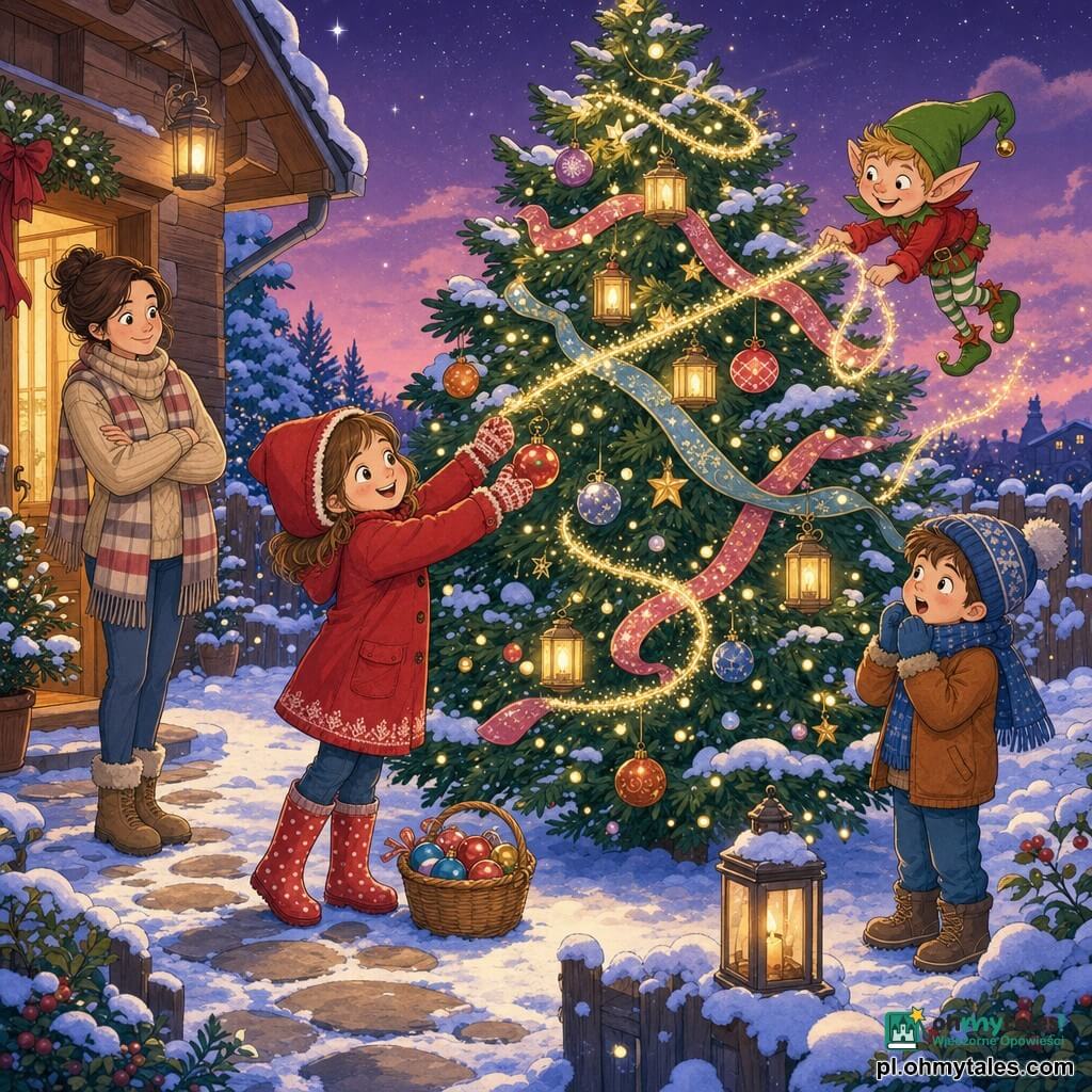 Zosia, 6 lat, uśmiechnięta, w czerwonym płaszczyku z kapturem, gumowych kaloszach i rękawiczkach, sięga, by powiesić błyszczącą bombkę na gałęzi; Psotny Skrzat, mała elficzna istota w zielonej czapeczce i czerwonej kurtce, lekko unosi się nad ziemią, trzymając świetlną girlandę oplatającą drzewo; mama Zosi, około 30 lat, stoi w drzwiach chaty w beżowym golfie i kraciastej szaliku, z rękami skrzyżowanymi na piersiach; mały sąsiad, chłopiec ~7 lat, z niebieskim szalikiem i czapką z pomponem, z otwartymi ustami obserwuje z lewej; miejsce: zaśnieżony ogród o zmierzchu, kamienna ścieżka, drewniany płot i dom z oświetlonym oknem, kolorowe girlandy i lampiony, fioletowe niebo ze świecącymi gwiazdami; scena: Zosia i skrzat dekorują duże zewnętrzne drzewko bożonarodzeniowe, złote iskierki spadają z girland, wstążki unoszą się jak jedwab, sąsiedzi zatrzymują się, uśmiechają i klaszczą.