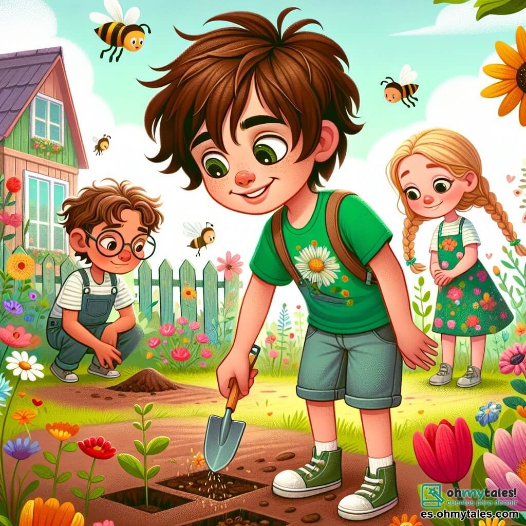 Un niño de 12 años, llamado Mateo, está en el centro de la imagen, sonriendo. Tiene el cabello castaño desordenado, ojos curiosos y lleva una camiseta verde brillante con un diseño de flores y un pantalón corto de mezclilla. Mateo está plantando semillas en un jardín colorido, rodeado de flores brillantes y pequeñas abejas que vuelan a su alrededor. A su lado, Clara, una niña de 11 años con largas trenzas rubias y un vestido de flores, sostiene una pequeña pala y lo ayuda a cavar. Más lejos, Diego, un niño de 12 años con gafas y cabello negro, observa fascinado a una abeja que poliniza una flor. El jardín está lleno de flores de todos los colores: tulipanes rojos, margaritas blancas y girasoles amarillos que se mecen con la brisa. Al fondo, se ve una escuela de madera con un gran cartel que dice "Jardín de la Naturaleza" y un cielo azul claro con nubes blancas. La escena principal muestra a Mateo y sus amigos trabajando juntos en el jardín, riendo y aprendiendo sobre la importancia de las abejas y las flores para la naturaleza.