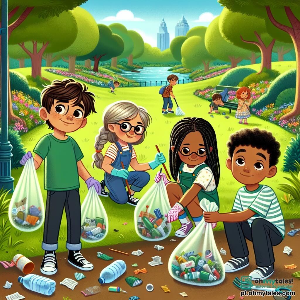 Em um parque verdejante, quatro crianças se reúnem para limpar a natureza. Lucas, um garoto de 10 anos com cabelo castanho bagunçado e uma camiseta verde, segura uma mochila cheia de luvas e sacos de lixo. Ao seu lado, Ana, uma menina de 9 anos com longos cabelos loiros trançados e um vestido colorido, coleta lixo com um grande sorriso. Miguel, um garoto de 10 anos com cabelo preto e óculos redondos, está agachado organizando plástico em um saco transparente. Por fim, Pedro, um garoto de 9 anos com cabelo cacheado e uma camiseta listrada, mostra uma garrafa plástica que encontrou, com um olhar determinado. O parque é cheio de árvores majestosas, flores coloridas e um gramado verdejante, mas o lixo está espalhado pelo chão, contrastando com a beleza da natureza. As crianças estão em ação, rindo e conversando enquanto recolhem o lixo, determinadas a deixar seu parque limpo e acolhedor para todos os animais e visitantes.