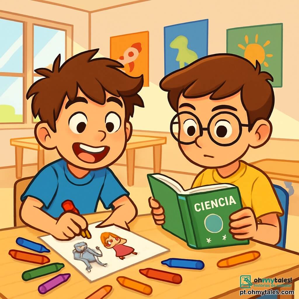 Um garoto de 12 anos, Tiago, com cabelos castanhos bagunçados e olhos brilhantes de curiosidade, está sentado a uma mesa, com um grande sorriso no rosto, cercado por lápis de cor espalhados. Ele desenha entusiasticamente personagens de sua história, com traços animados e alegres, mostrando sua empolgação. Ao lado dele, seu amigo Lucas, também de 12 anos, com óculos redondos e cabelos castanhos, folheia um livro de ciências, com uma expressão concentrada e determinada, pronto para adicionar elementos científicos ao projeto.

A cena acontece em uma sala de aula iluminada, cheia de pôsteres coloridos nas paredes, janelas que deixam entrar a luz do sol e mesas de madeira clara. Almofadas coloridas estão dispostas no chão, criando uma atmosfera acolhedora.

Tiago e Lucas colaboram alegremente em seu projeto de quadrinhos, trocando ideias e rindo juntos, ilustrando a importância da amizade e da criatividade em sua aventura.