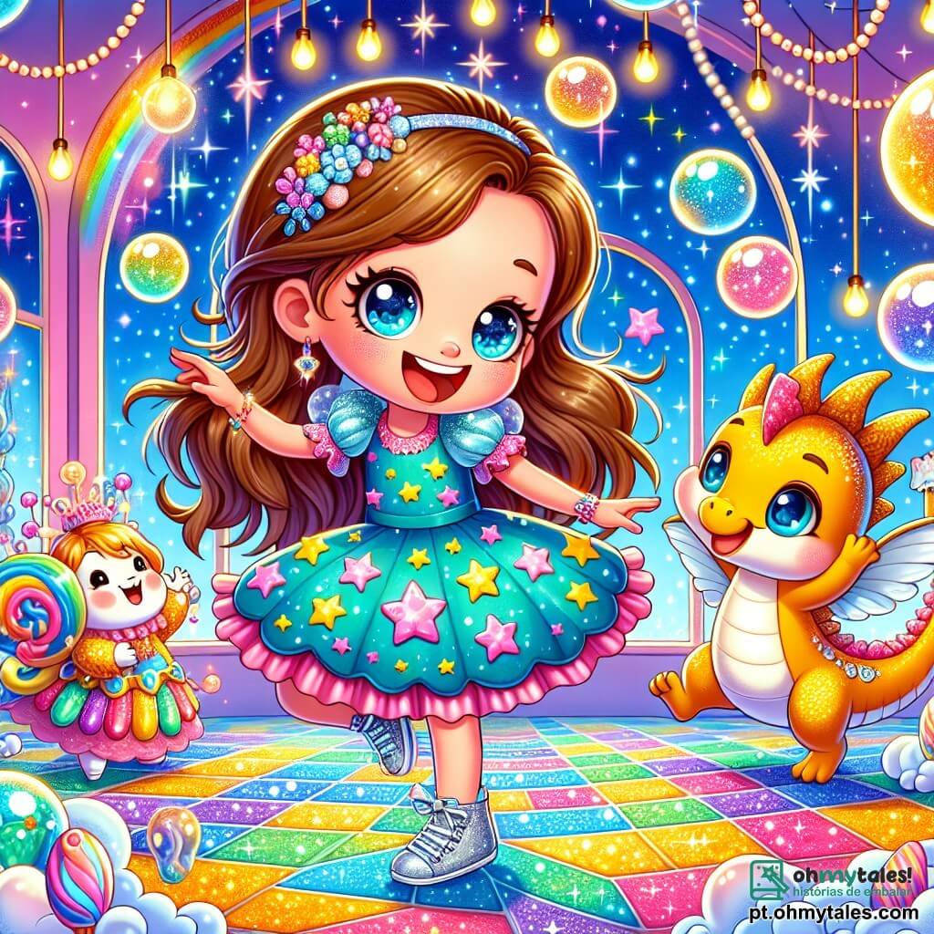 Uma menina de 8 anos, Clara, com longos cabelos castanhos e olhos brilhantes de curiosidade, veste um vestido estrelado e sapatos brilhantes. Ela dança alegremente em uma sala mágica cheia de cores vivas, cercada por criaturas fantásticas. Ao seu lado, uma pequena fada chamada Luzinha, com asas cintilantes e um vestido feito de pétalas de flores, sorri convidando-a a dançar. Um dragão miniatura, com escamas douradas e olhos travessos, sopra bolhas de sabão que flutuam ao redor deles, acrescentando um toque de magia à cena. O local é uma magnífica Casa Flutuante, construída nas nuvens, com paredes de bolhas de sabão e janelas em arco-íris. Cordões de luzes brilham no teto, e animais dançam alegremente no chão de açúcar. A cena principal mostra Clara rindo e dançando com Luzinha e o dragão, enquanto pinguins acrobatas fazem piruetas em sorvetes coloridos, criando uma atmosfera de festa e alegria.