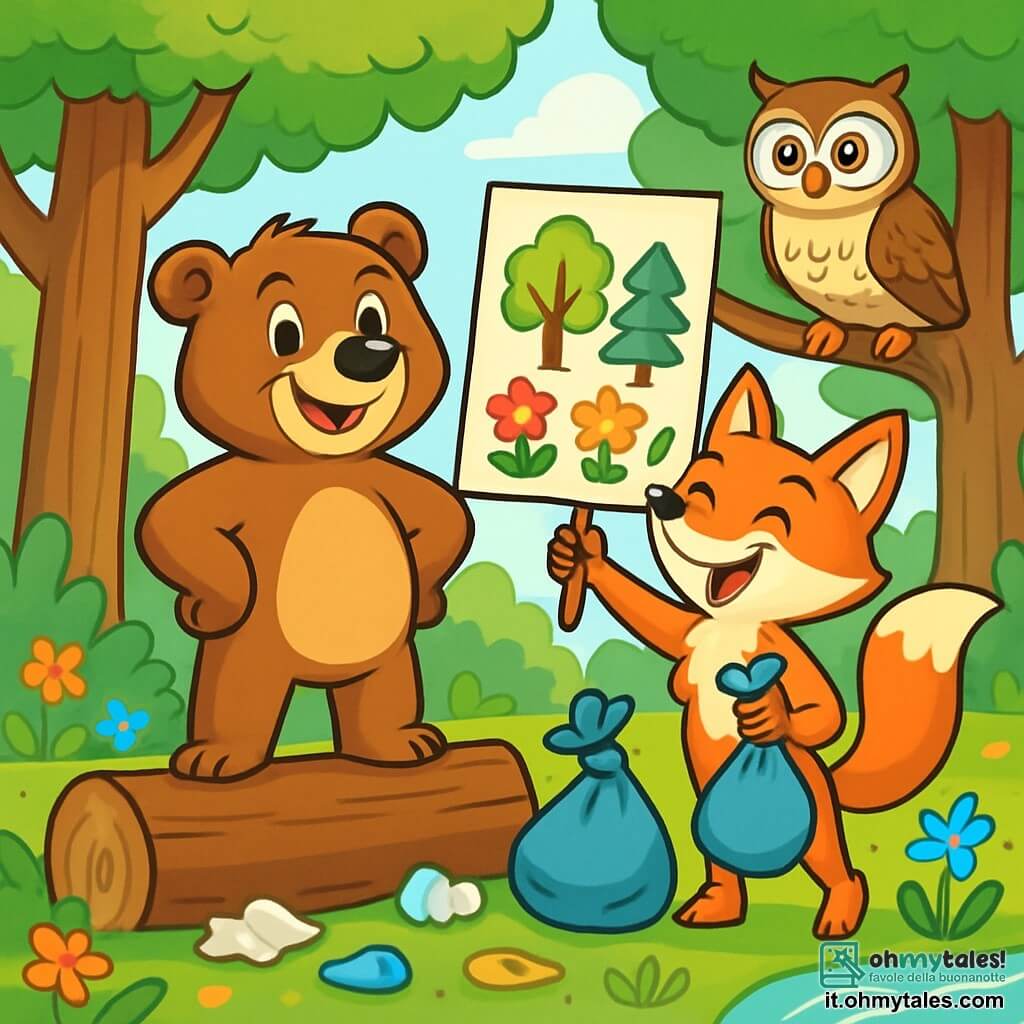 Un giovane orso bruno di nome Bruno, con occhi pieni di determinazione, si erge su un grande tronco d'albero, con le zampe anteriori posate sui fianchi e un ampio sorriso. Accanto a lui, Gilda la volpe, con il suo pelo rosso brillante e occhi maliziosi, brandisce un grande cartello colorato con disegni di fiori e alberi, mostrando il suo entusiasmo. Tito il gufo, posato su un ramo vicino, osserva la scena con uno sguardo saggio e incoraggiante, le sue piume bianche e brune che contrastano con il verde delle foglie. La scena si svolge in una foresta vibrante di Verdechiaro, dove alberi maestosi si ergono verso il cielo, circondati da fiori multicolori che danzano nel vento. Il suolo è cosparso di foglie verdi e piccoli ruscelli scintillanti, creando un'atmosfera gioiosa e vivace. Bruno e i suoi amici organizzano una grande giornata di pulizia, raccogliendo rifiuti mentre ridono e chiacchierano, mostrando l'importanza di prendersi cura della loro bella foresta.