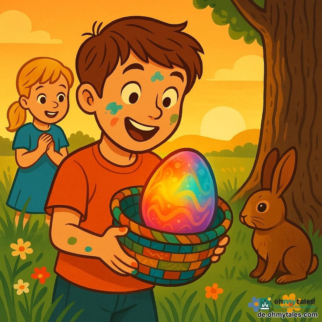 Ein etwa 10-jähriger Junge, erstaunt und lächelnd, kurz kastanienbraunes Haar, Farbflecken an Fingern und Stirn, hält einen bunten, selbstgemachten Weidenkorb mit einem großen irisierenden Regenbogen‑Ei; links leicht dahinter Lisa, ca. 6 Jahre, neugierig und begeistert, blondes Pferdeschwanzhaar, Hände gefaltet, blickt bewundernd aufs Ei; rechts am Fuß einer alten Eiche ein kleiner brauner Hase mit weichem Fell und schwarzen glänzenden Augen, aufgerichteten Ohren, als habe er das Ei abgelegt; Ort: grüne Wiese bei Sonnenuntergang, hohe Gräser, bunte Wildblumen, alte Eiche mit sichtbarer Rinde und Wurzeln, goldenes Licht und lange Schatten; Hauptsituation: Junge entdeckt ein magisches Ei nahe der Eiche, fröhlich erstaunte Miene, Halbnahaufnahme, warme Farben, starke Kontraste, einfacher Vektor‑Stil mit klaren Konturen, flachen Texturen und dekorativen Mustern auf Ei und Korb.