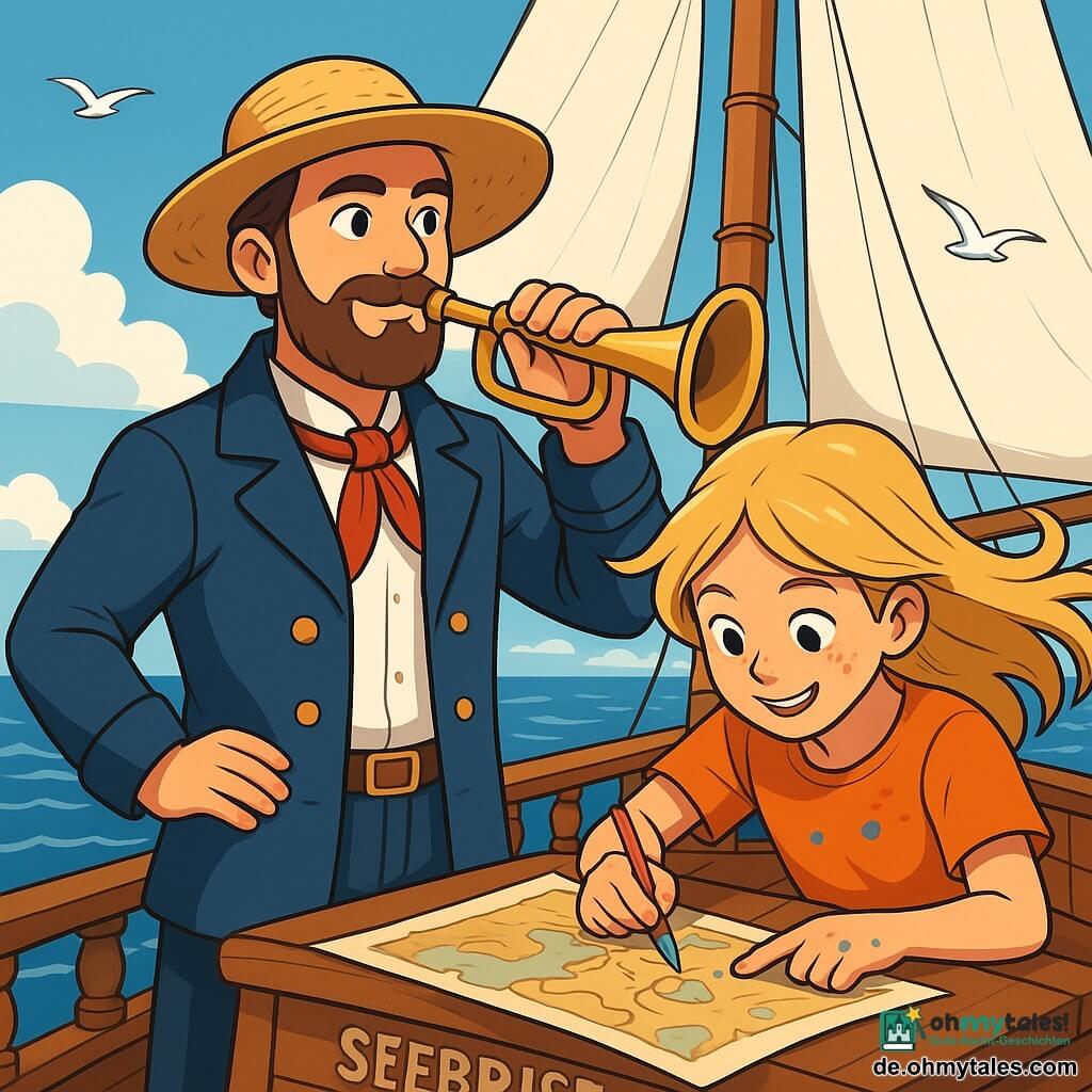 Ein Mann, Kapitän Jakob Finn, steht stolz auf dem Deck seines Schiffes, der "Seebrise". Er trägt einen breiten Strohhut, hat einen gut gestutzten braunen Bart und funkelnde, entschlossene Augen. Sein Gesichtsausdruck ist sowohl ruhig als auch zuversichtlich, während er sanft auf einer kleinen Trompete spielt. Neben ihm beugt sich ein etwa 10-jähriges Mädchen, Lina, über eine Karte, ihre blonden Haare wehen im Wind. Sie hat Farbflecken an den Händen und ein konzentriertes Lächeln im Gesicht, während sie den besten Weg sucht. Die Szenerie zeigt einen ruhigen Ozean mit sanften Wellen und einem blauen Himmel, der mit weißen Wolken gesprenkelt ist. Das Holzschiff ist mit weißen Segeln geschmückt, und Möwen fliegen darüber, was der Szene Leben verleiht. Die Hauptsituation zeigt Kapitän Jakob und Lina, die ihre nächste Abenteuerreise planen, umgeben von der Weite des Meeres, bereit, gemeinsam neue Herausforderungen zu meistern.