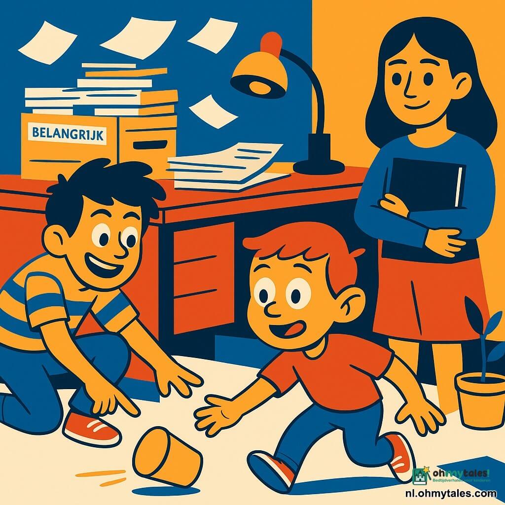 Hoofdpersonage is een klein cartoonkind met grote lichtomgeslagen oren, expressieve staart, rond gezicht, wijde ogen en nerveuze glimlach, verbaasd en verwonderd, staand op de voorgrond met hand naar een rollend geel plastic bekertje, een oudere broer met slordig haar en ondeugende open mond gehurkt links wijst naar het bekertje en staat klaar om te rennen in een gestreept T‑shirt en kleurrijke sneakers, en een oudere zus met rustige glimlach en trotse opgetrokken wenkbrauwen staat rechts iets op de achtergrond met een map en kijkt beschermend; locatie: chaotisch gezinskantoor met licht houten bureau, stapels papieren gelabeld "BELANGRIJK" en "NOG BELANGRIJKER", rommelige dossiers, grote doos "DIVERSEN (NIET AANKOMEN)", rondvliegende A4‑vellen, vintage vloerlamp en scheefstaande plant; hoofdactie: geel plastic bekertje rolt tussen de stapels richting de doos terwijl de drie kinderen geanimeerd reageren, heldere compositie met sterke contrasten, eenvoudige lijnen, warme en koele kleurvlakken en een vrolijke, dynamische sfeer.