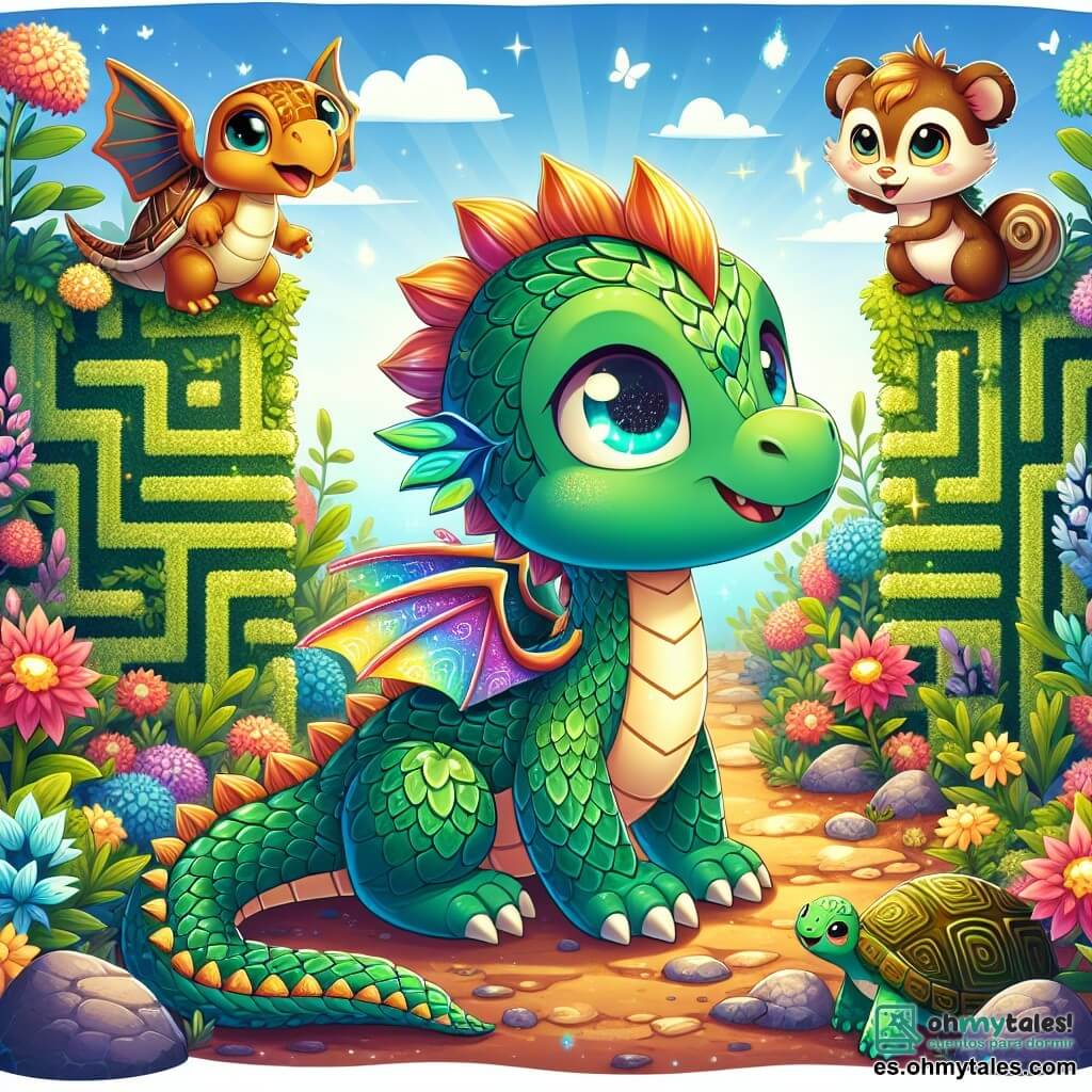 Un pequeño dragón con escamas esmeralda brillantes y grandes alas coloridas que relucen como un arcoíris se encuentra al borde de un hermoso laberinto de plantas mágicas. Tiene ojos llenos de curiosidad y una sonrisa decidida, listo para enfrentar la aventura que le espera. A su lado, una pequeña tortuga con caparazón dorado y ojos sabios observa el laberinto con una expresión reflexiva, firme en el suelo y lista para dar consejos a su amigo. Un poco más lejos, un travieso ardillón de pelo marrón y ojos brillantes vuela alegremente, riendo y animando al dragón a avanzar. El decorado es un laberinto vibrante, hecho de plantas de colores brillantes, con muros de follaje que parecen danzar bajo la luz del sol. Las flores cantantes emiten suaves melodías, mientras que un cielo azul brillante se extiende sobre ellos. La situación principal muestra al pequeño dragón y sus amigos ante un desafío: deben encontrar la salida del laberinto usando su ingenio y amistad, mientras rayos de luz filtran a través de las hojas, creando una atmósfera mágica y encantadora.