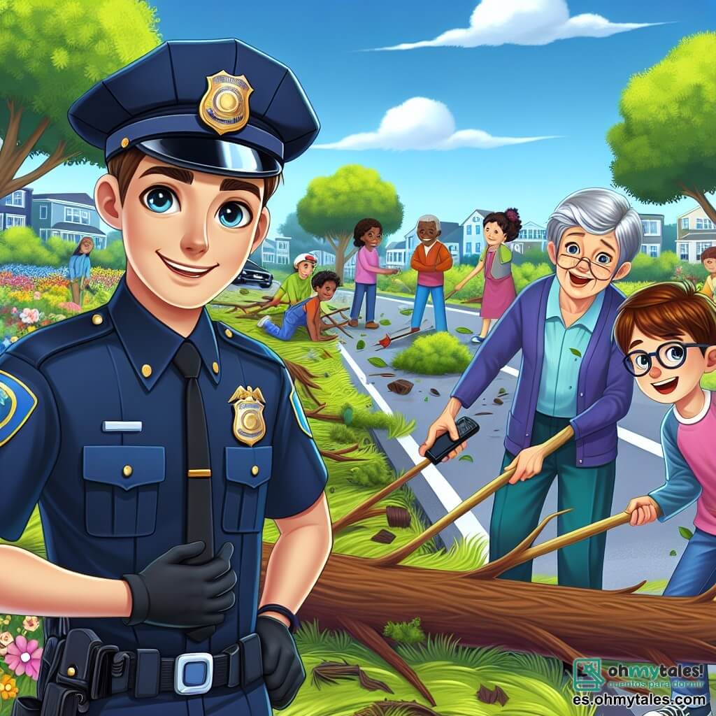 Un policía hombre, con una sonrisa amable, vestido con un uniforme azul marino y una gorra, se encuentra en el centro de la imagen ayudando a un grupo de vecinos a despejar un árbol caído en la carretera. Tiene cabello castaño y ojos brillantes de determinación, mostrando su compromiso con la comunidad. A su derecha, un niño de doce años, con cabello castaño y gafas, coordina los esfuerzos de los vecinos con una expresión de orgullo y emoción. A su izquierda, una mujer mayor, con cabello gris y un chal colorido, sostiene un teléfono móvil, lista para llamar a los servicios de emergencia si es necesario, observando la escena con gratitud. La escena tiene lugar en un parque urbano, rodeado de árboles verdes y flores coloridas, bajo un cielo azul brillante con algunas nubes blancas, mientras los niños juegan a lo lejos, añadiendo una atmósfera alegre. La situación principal muestra al policía y al niño trabajando juntos con los vecinos para despejar el árbol caído, ilustrando el espíritu de cooperación y ayuda en la comunidad.