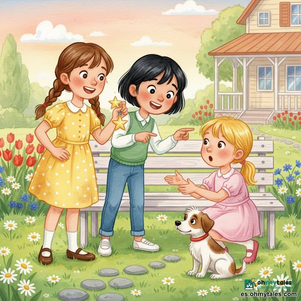 Tres niñas: Ana (7) con trenzas castañas, vestido amarillo de lunares y llavero en forma de estrella en la mano derecha; Sofía (7) de pelo corto negro, chaleco verde y vaqueros, señalando el llavero con entusiasmo; Clara (6) con coleta rubia, vestido rosa, agachada junto a su perrito Rocky, sorprendida y feliz. Escena en un jardín al final de la tarde con césped y margaritas, parterres de tulipanes rojos y azulones, camino de piedras y al fondo la casa de la abuela con porche blanco y cielo naranja pastel; textura de gouache, pinceladas suaves y bordes ligeramente difuminados. Situación: las dos pequeñas detectives devuelven el llavero estrella a Clara junto a un banco del parque, momento de alegría y encuentro, composición centrada, ambiente cálido, colores vivos y expresiones claras.