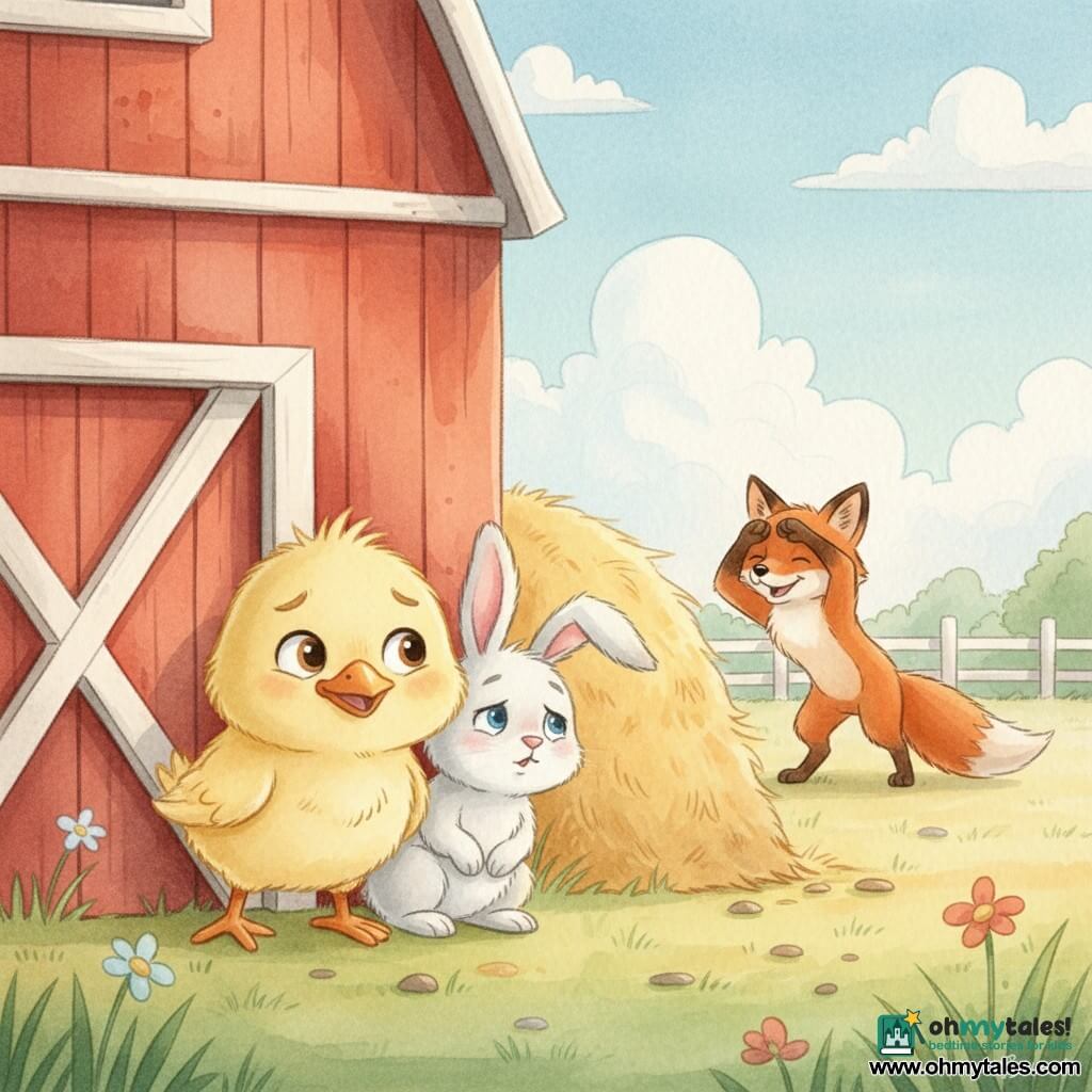 A pale yellow fluffy chick with a shiny orange beak and big mischievous eyes smiles while crouching and hiding behind the corner of a large red barn; a soft white rabbit named Benny with long fuzzy ears sits close, looking relieved and shy as it nestles against the chick; a playful red fox named Freddy stands a little farther off, shiny fur and a curved, playful posture, counting with a paw over his eyes as if saying "1, 2, 3"; the sunny farm scene has a red barn, pale yellow haystacks, green grass dotted with wildflowers, a soft blue sky with cottony clouds, and a warm, gentle atmosphere of a peaceful, joyful game of hide-and-seek for toddlers.