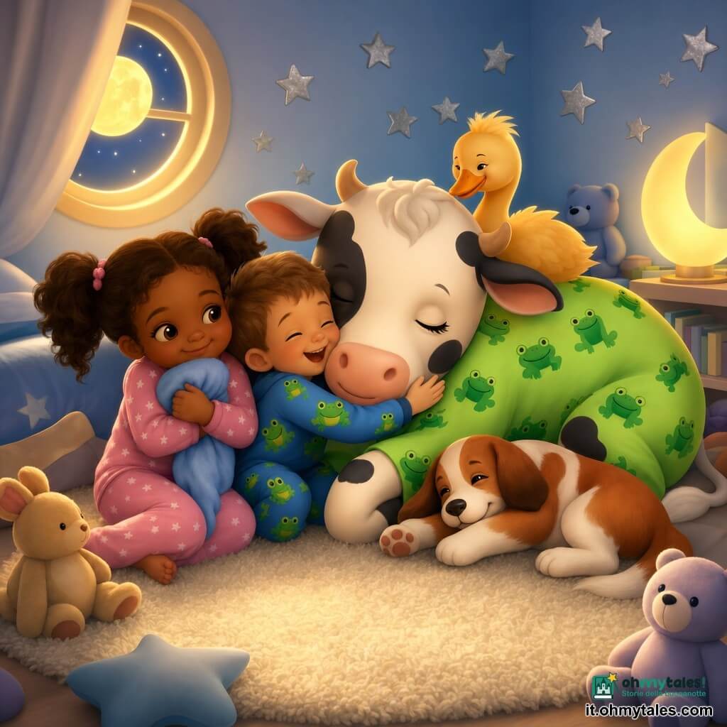 Ci sono 5 personaggi: Sofia, bambina di 5 anni con due codine e pigiama rosa a stelle, seduta a sinistra e sorridente con un piccolo peluche blu; Tommaso, bambino di 5 anni con capelli castani corti e pigiama blu con ranocchi verdi, seduto a destra di Sofia che ride e tende la mano verso la mucca; Lola, grande mucca bianca a macchie nere con pigiama a ranocchi verde acceso, sdraiata al centro con la testa vicina ai bambini come in un abbraccio; Gilda, piccola cicogna giallo-arancio dal piumaggio morbido, appollaiata sulla schiena di Lola vicino alla testa; Fufi, cagnolino rosso e bianco dalle orecchie cadenti, sdraiato accanto a Lola con una zampa sul tappeto. Luogo: una camera intima con tappeto crema, parete azzurro pallido con adesivi di stelle argentate, finestra rotonda con luce di luna dorata, lampada a forma di luna e peluche sparsi. Situazione principale: scena di nanna calma e affettuosa con tutti i personaggi riuniti sul tappeto in un piccolo cerchio d'amicizia, espressioni tenere, occhi socchiusi e luce calda e pastello con dettagli vivaci.